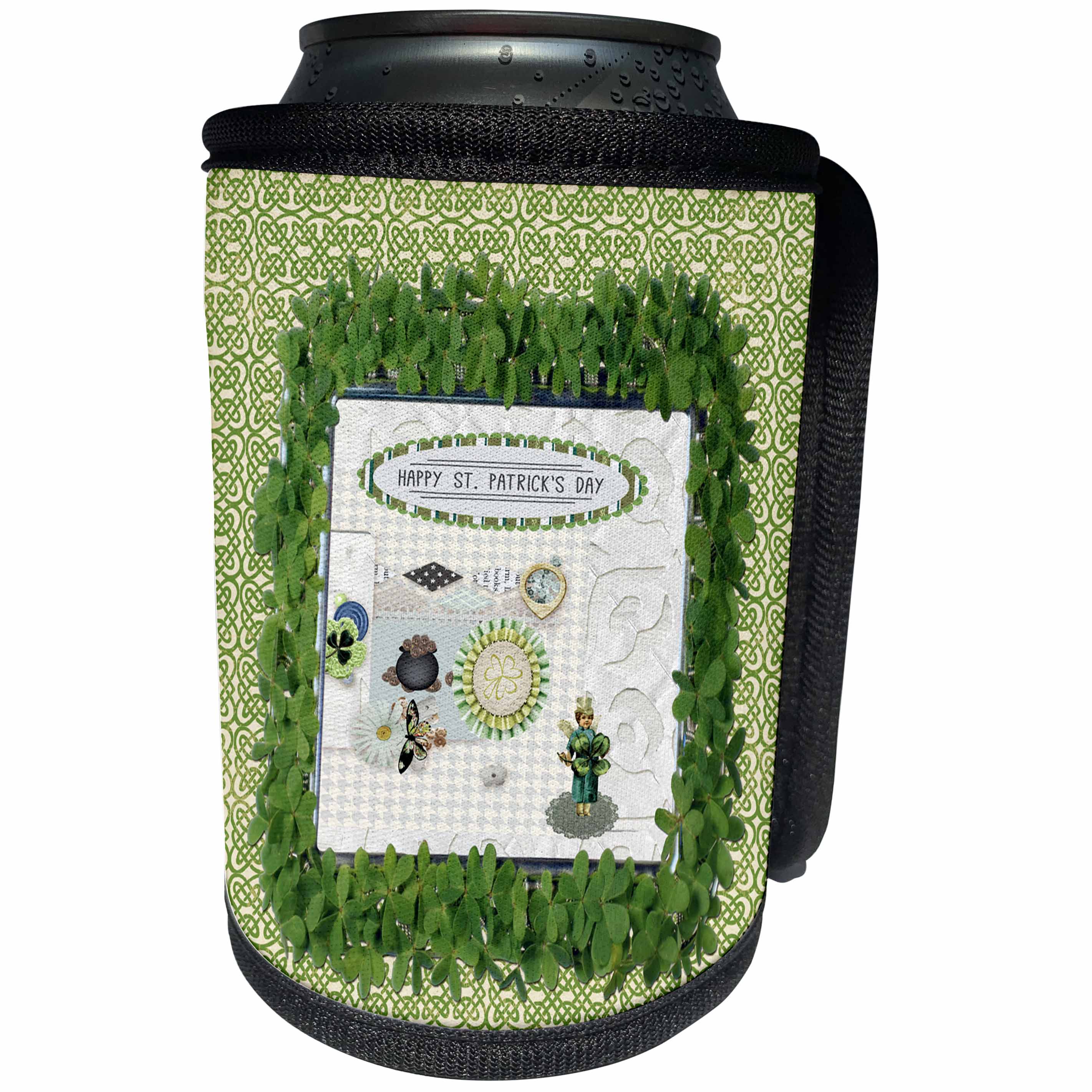 3dRose Beverly Turner St Patrick Day Design - Vintage Irish Lady, Pot of Gold, Yarn Shamrock, Shamrock Frame - Can Cooler Bottle Wrap (cc_239519)