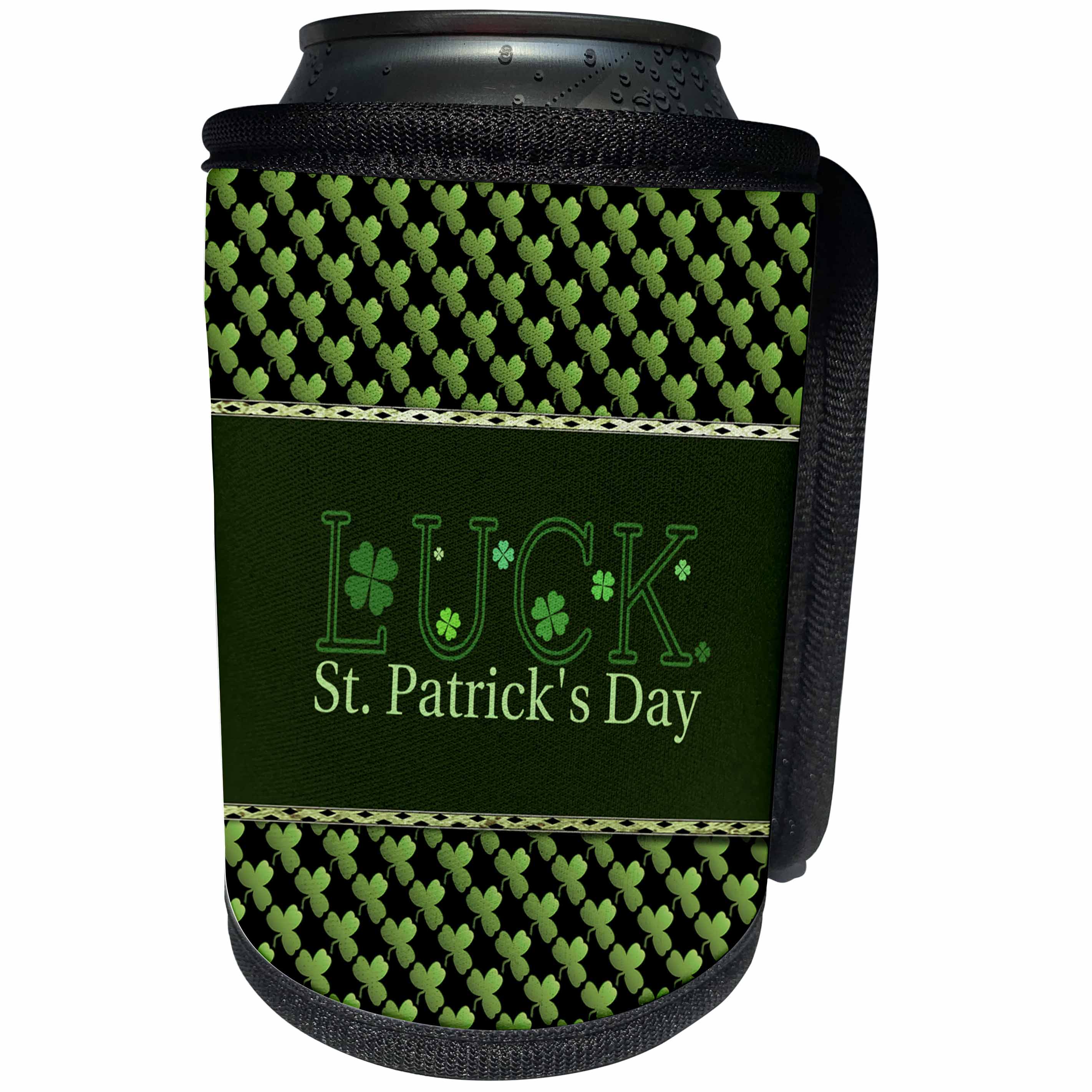 3dRose Beverly Turner St Patrick Day Design - Luck St. Patrick Day, Shamrocks, Green and Black - Can Cooler Bottle Wrap (cc_239520)