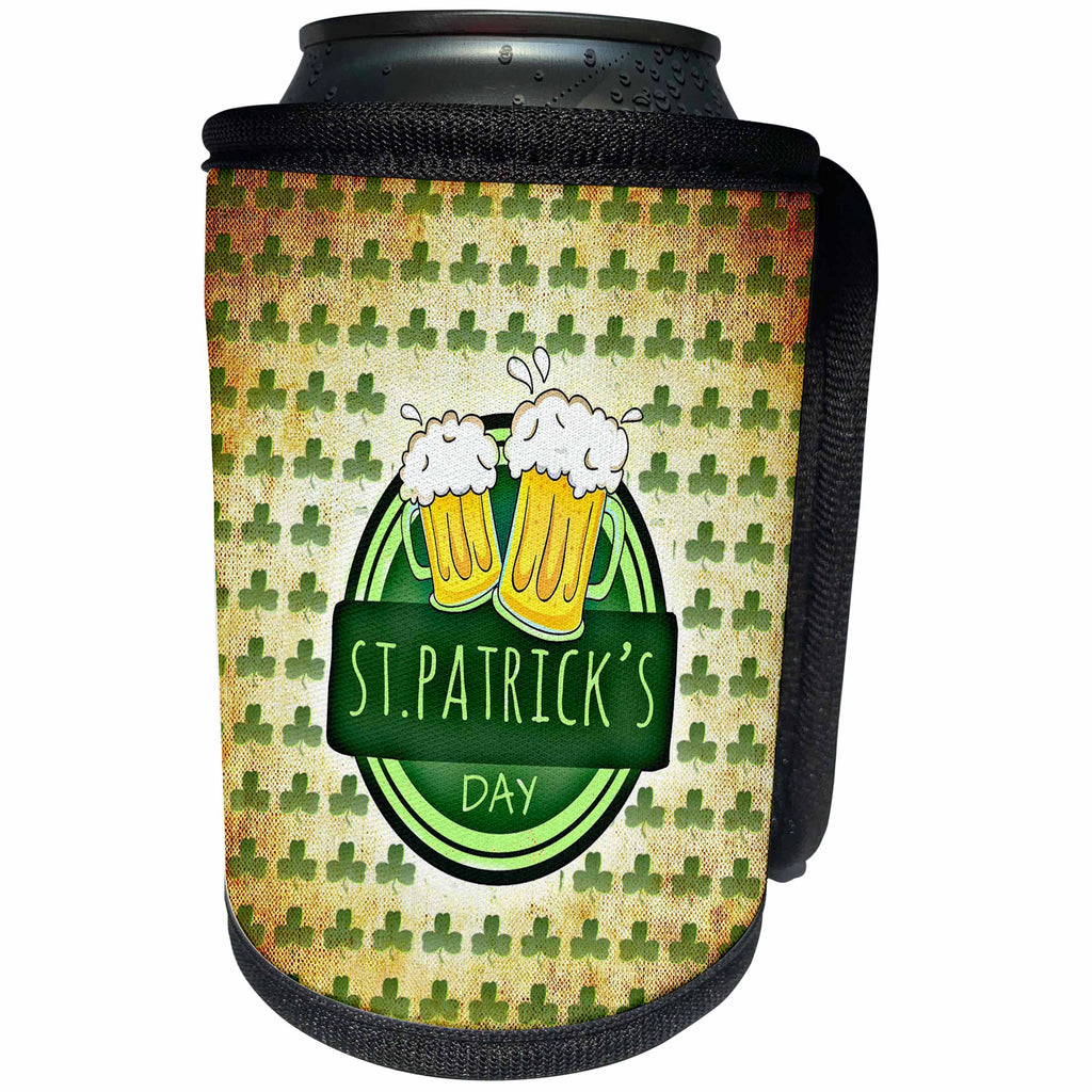 3dRose Beverly Turner St Patrick Day Design - Beer Mugs on Round Banner, St. Patrick Day, Shamrock Background - Can Cooler Bottle Wrap (cc_239521)