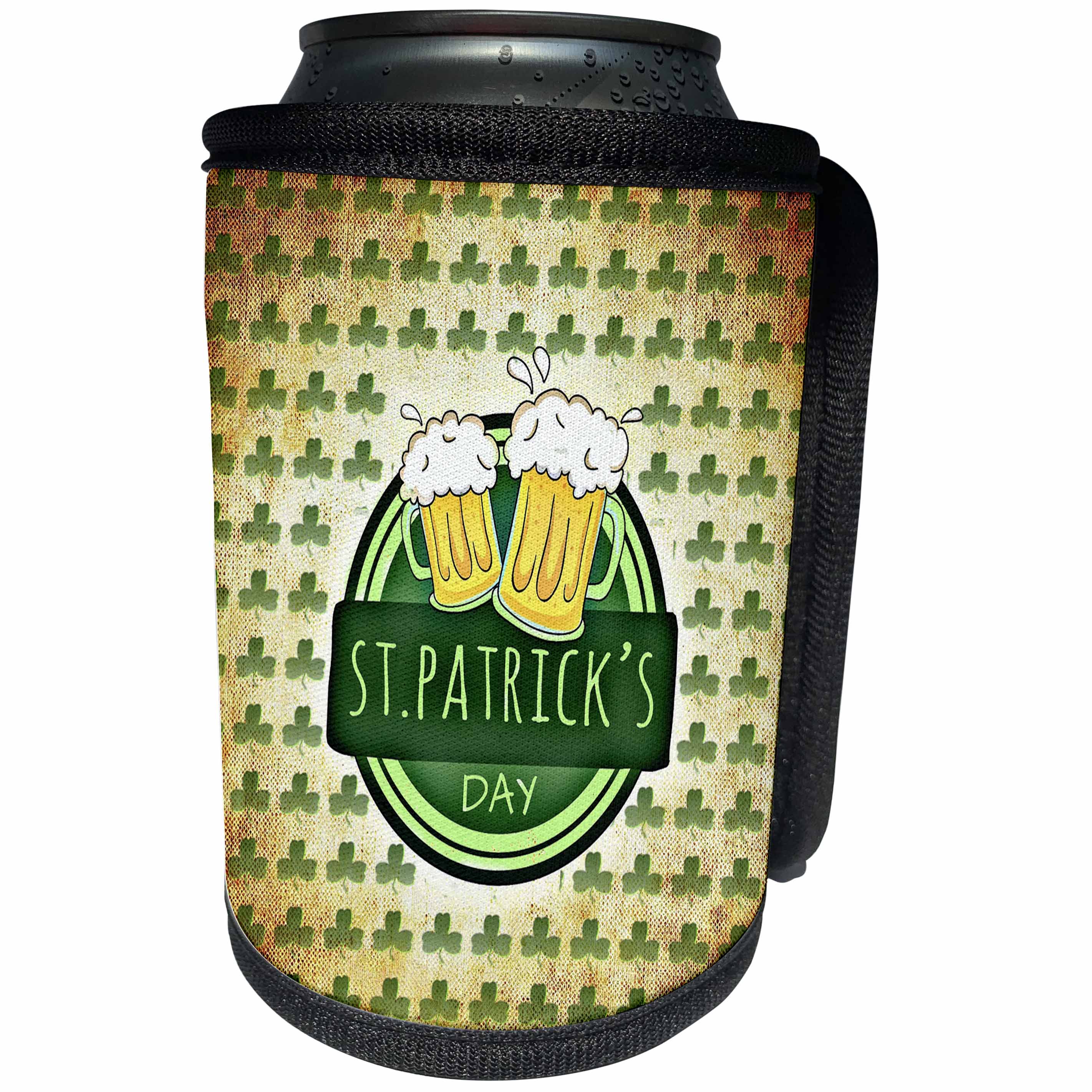 3dRose Beverly Turner St Patrick Day Design - Beer Mugs on Round Banner, St. Patrick Day, Shamrock Background - Can Cooler Bottle Wrap (cc_239521)