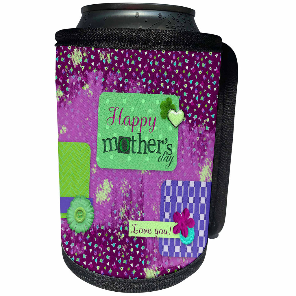 3dRose Beverly Turner Mothers Day Design - Happy Mothers Day on Banner, Flowers, Pink, Collage, I love you - Can Cooler Bottle Wrap (cc_239524)