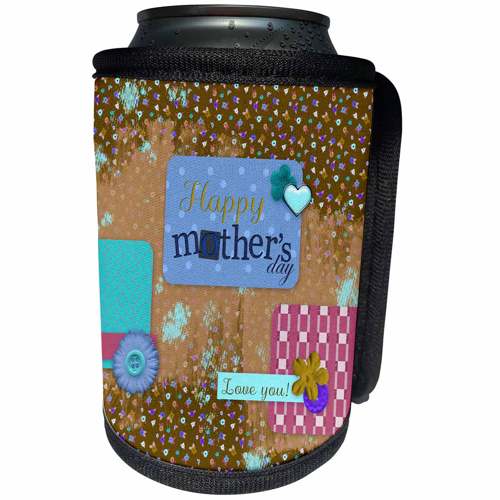 3dRose Beverly Turner Mothers Day Design - Happy Mothers Day Banner, Flowers, Blue and Brown, Collage, I love you - Can Cooler Bottle Wrap (cc_239525)