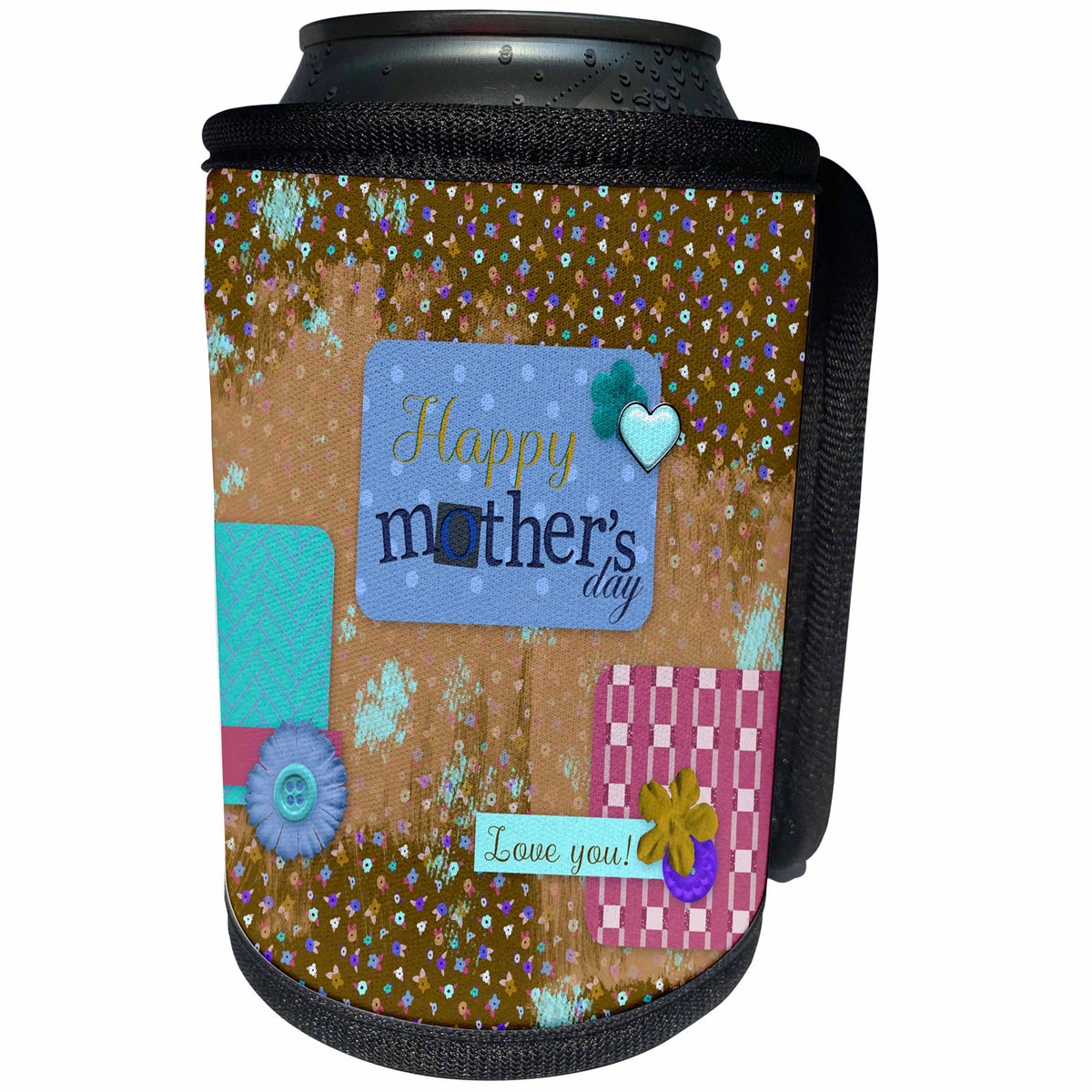 3dRose Beverly Turner Mothers Day Design - Happy Mothers Day Banner, Flowers, Blue and Brown, Collage, I love you - Can Cooler Bottle Wrap (cc_239525)