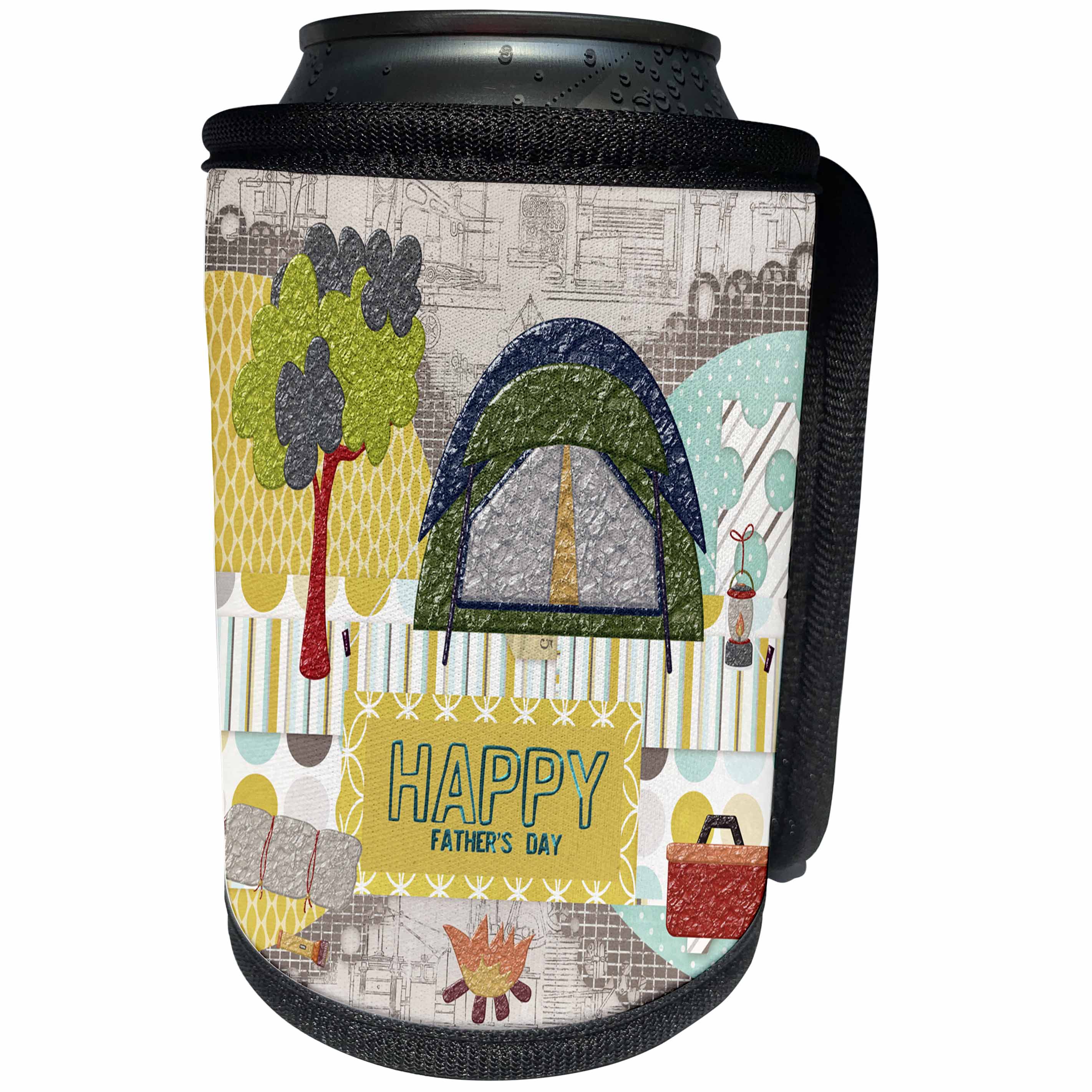 3dRose Beverly Turner Fathers Day Design - Camping Theme, Fathers Day, Abstract, Yellow, Red, Green, Orange - Can Cooler Bottle Wrap (cc_239532)