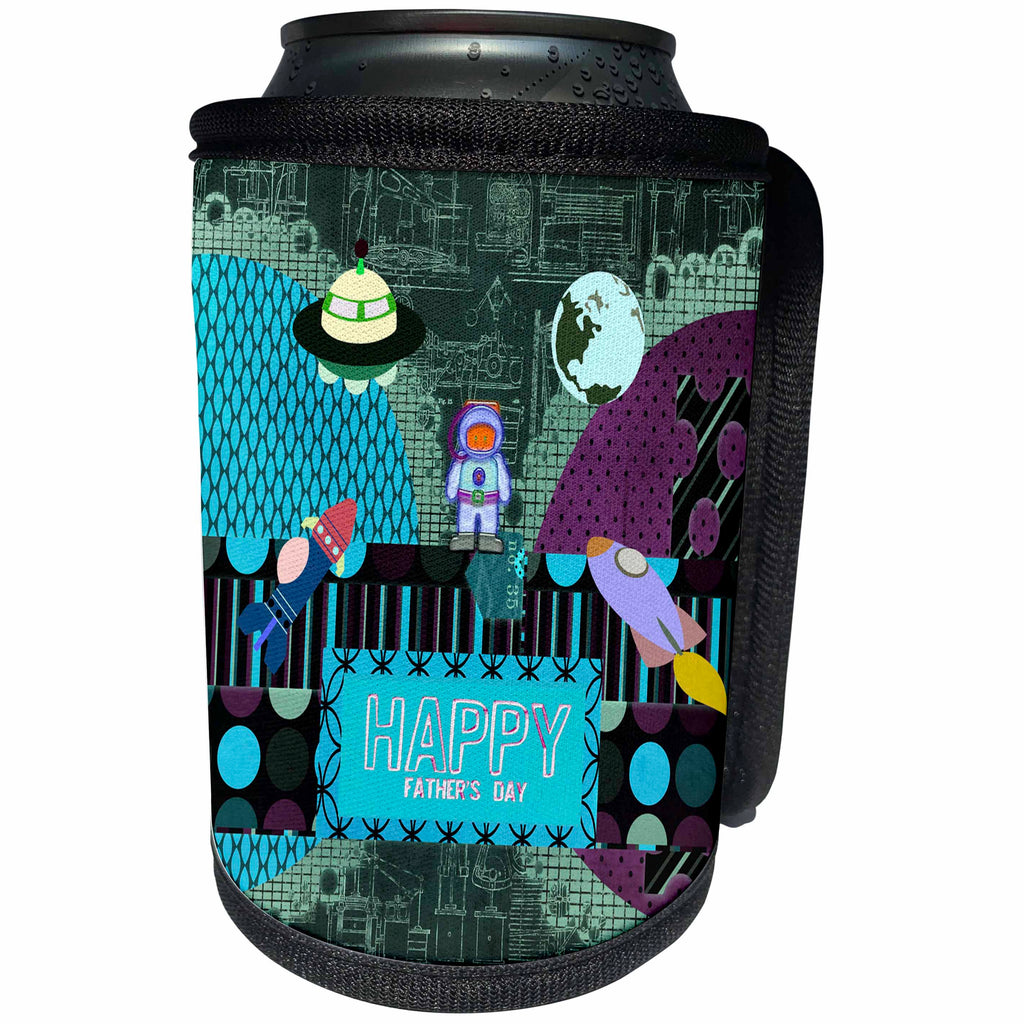 3dRose Beverly Turner Fathers Day Design - Outer Space Theme Fathers Day Abstract, Astronaut, Earth, UFO, Rocket - Can Cooler Bottle Wrap (cc_239535)