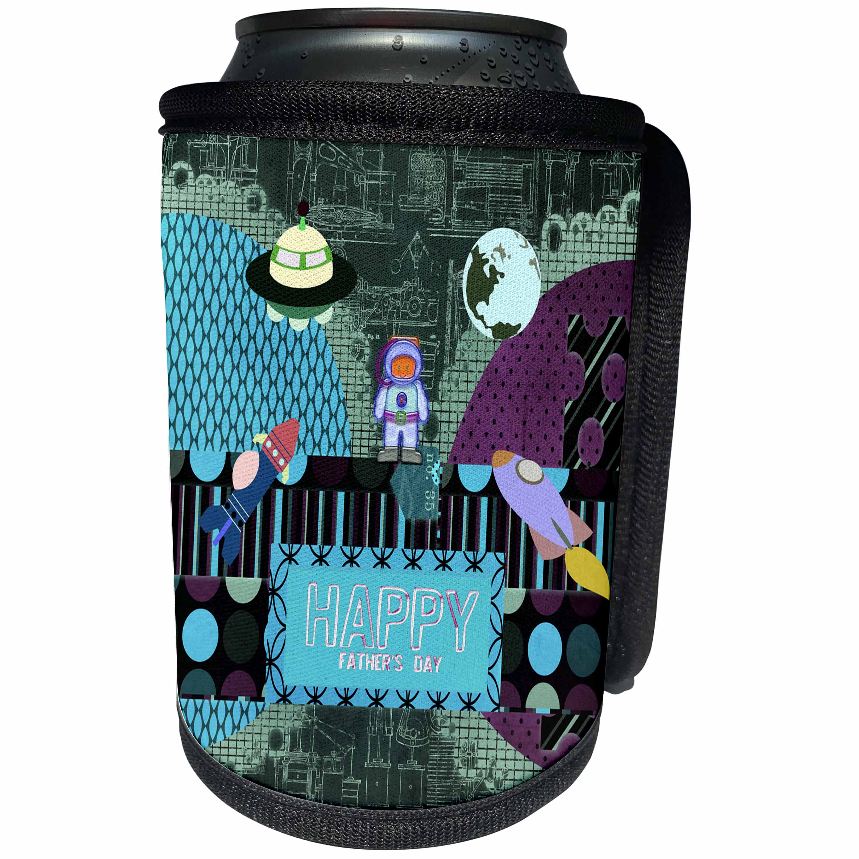 3dRose Beverly Turner Fathers Day Design - Outer Space Theme Fathers Day Abstract, Astronaut, Earth, UFO, Rocket - Can Cooler Bottle Wrap (cc_239535)