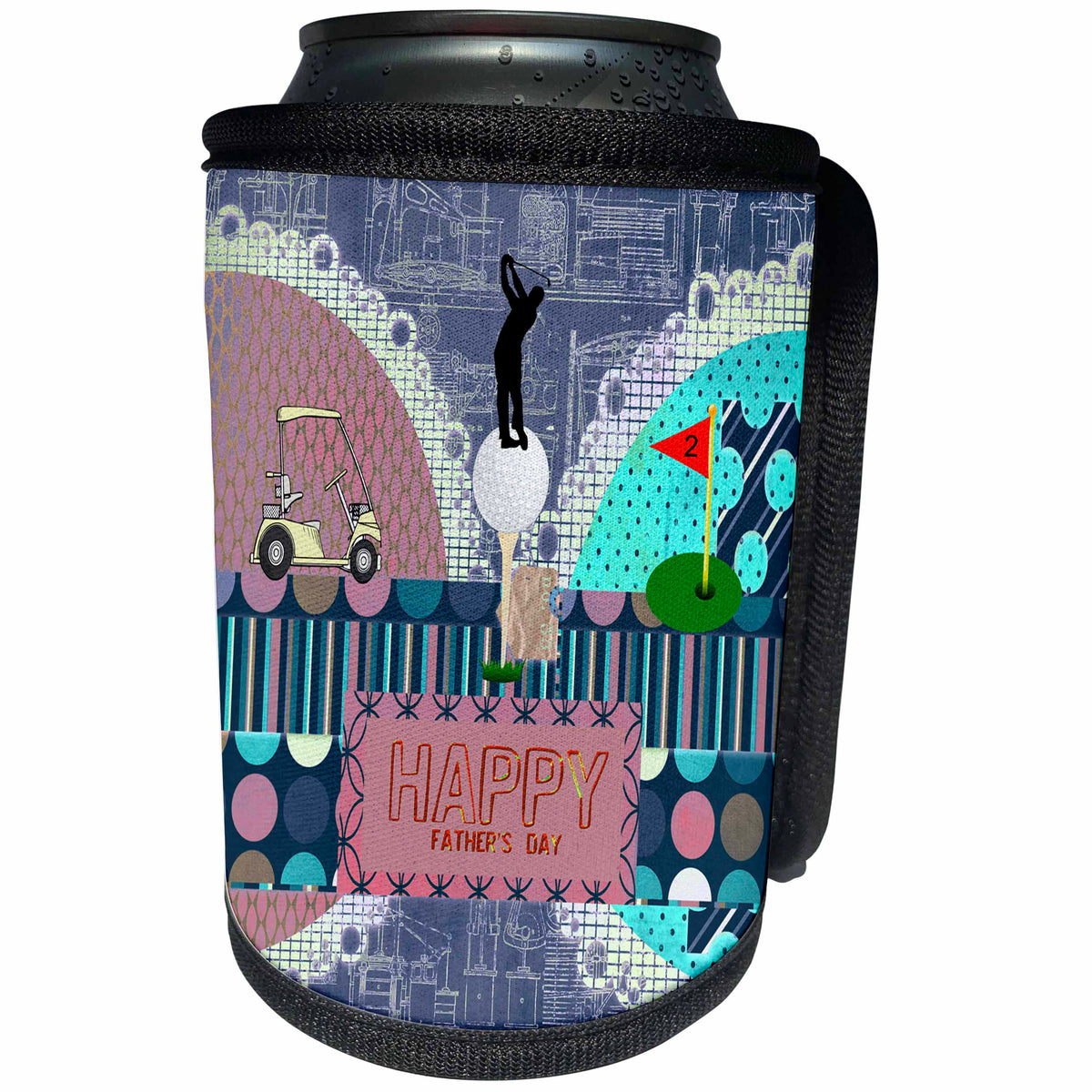 3dRose Beverly Turner Fathers Day Design - Golf Theme Fathers Day, Abstract, Golf Ball on Tee, Man Golfer on Top - Can Cooler Bottle Wrap (cc_239536)