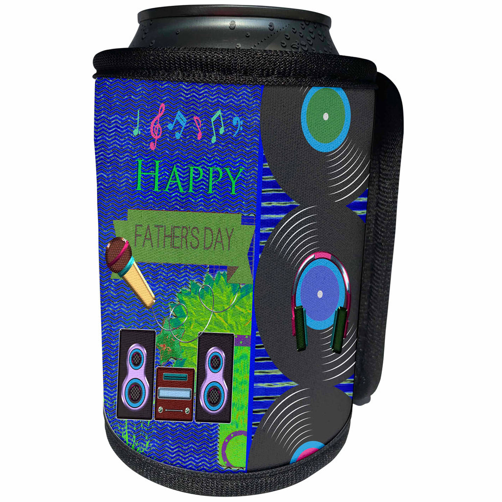 3dRose Beverly Turner Fathers Day Design - Music Theme Fathers Day, Abstract, Records, Head Phones, Microphone - Can Cooler Bottle Wrap (cc_239541)