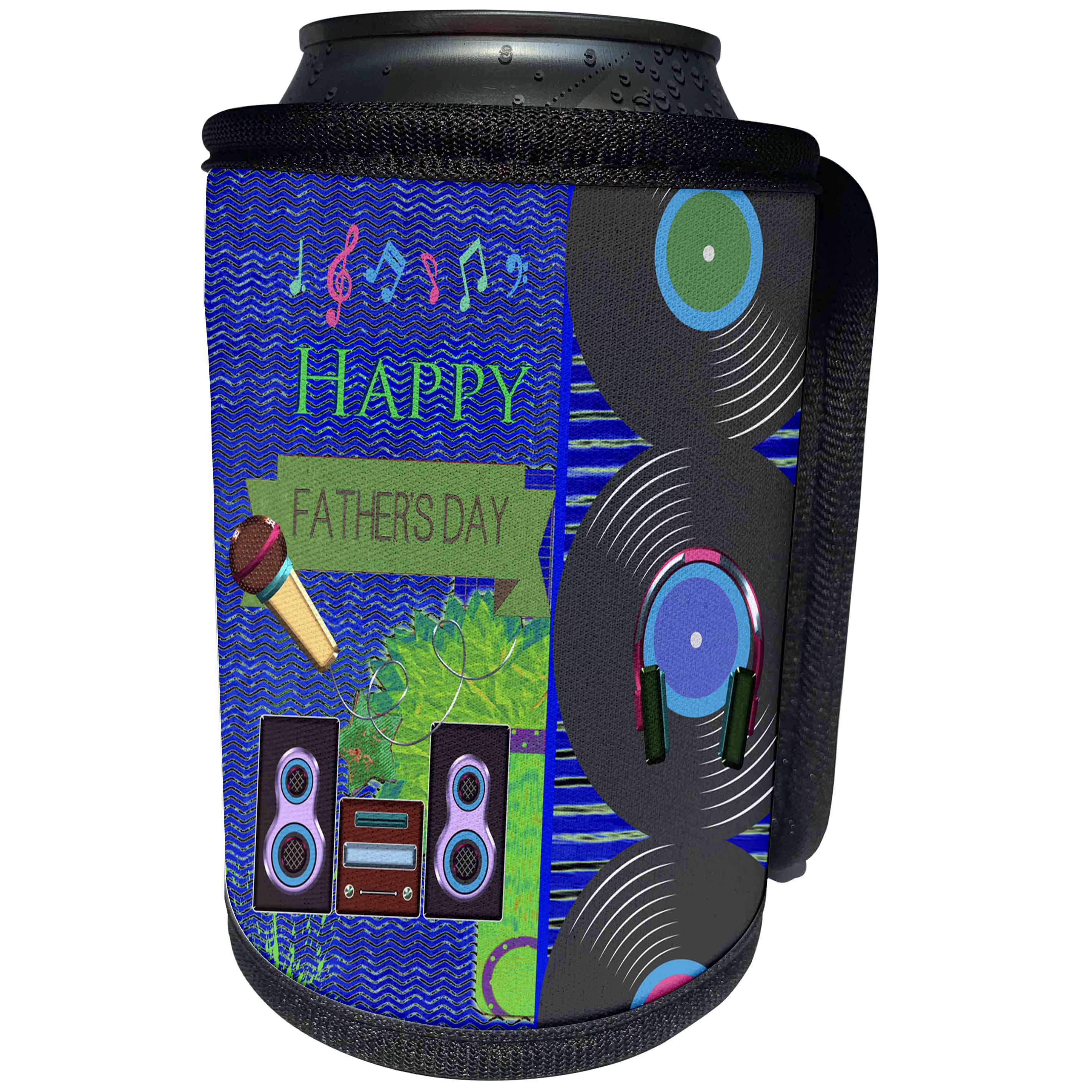 3dRose Beverly Turner Fathers Day Design - Music Theme Fathers Day, Abstract, Records, Head Phones, Microphone - Can Cooler Bottle Wrap (cc_239541)