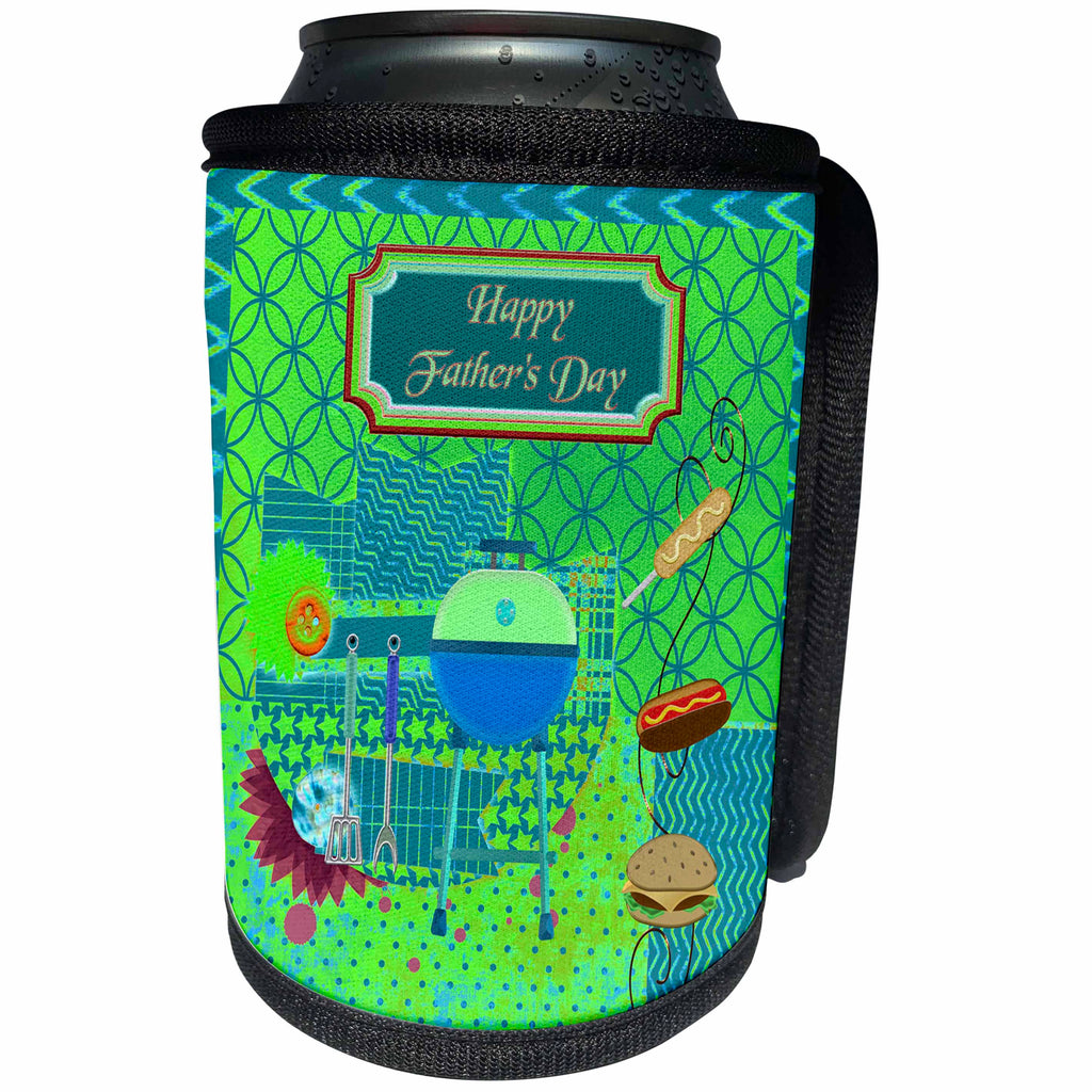 3dRose Beverly Turner Fathers Day Design - Barbecue Theme Fathers Day, Abstract, Pit, Hot dogs, Hamburger - Can Cooler Bottle Wrap (cc_239543)
