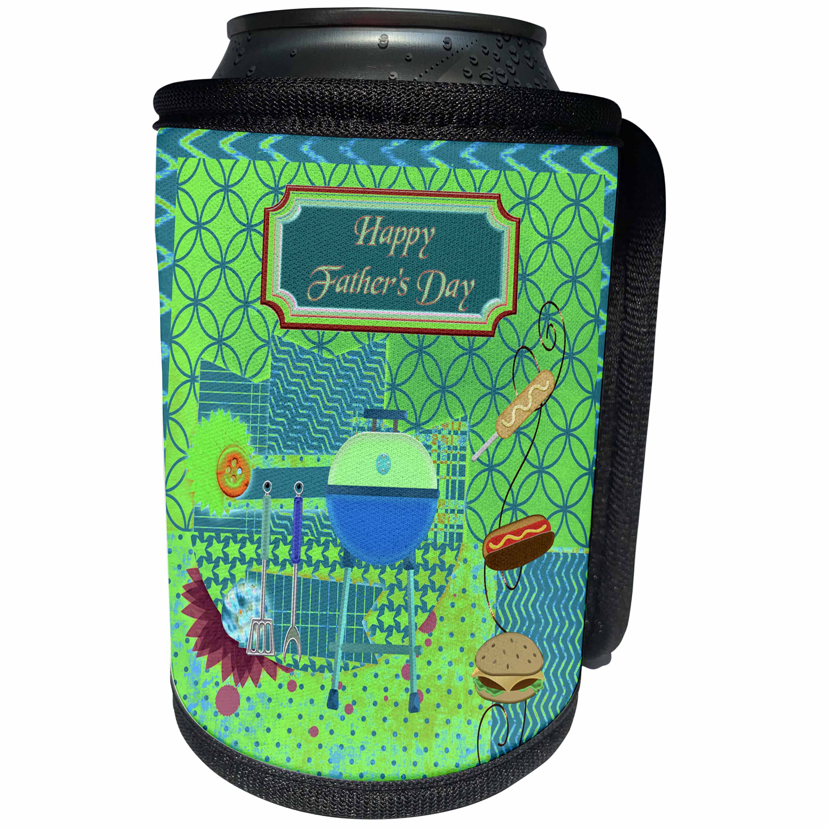 3dRose Beverly Turner Fathers Day Design - Barbecue Theme Fathers Day, Abstract, Pit, Hot dogs, Hamburger - Can Cooler Bottle Wrap (cc_239543)