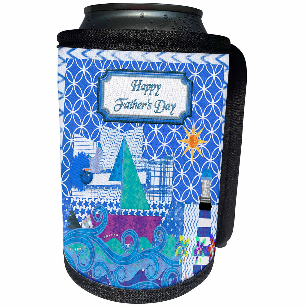 3dRose Beverly Turner Fathers Day Design - Sailing Theme Fathers Day, Abstract, Light house, Waves, Bird, Sun - Can Cooler Bottle Wrap (cc_239545)