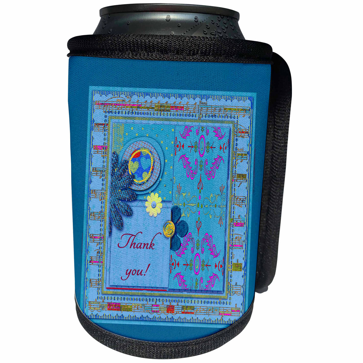 3dRose Beverly Turner Thank you Design - Thank you, Musical Notes Frame Flowers, Hearts, Designs, Blue - Can Cooler Bottle Wrap (cc_239550)