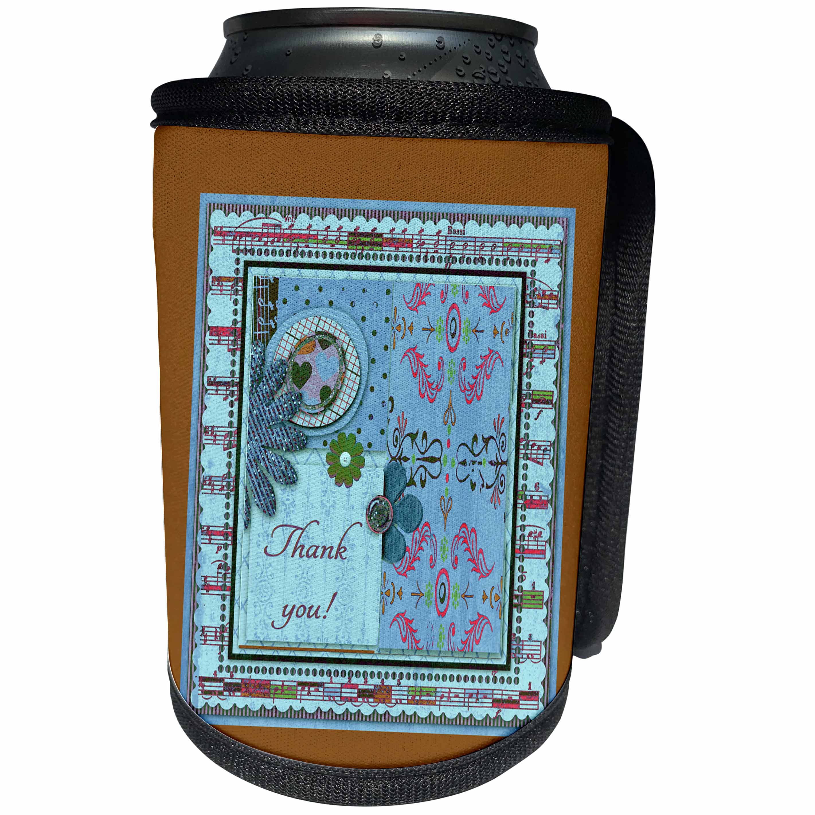 3dRose Beverly Turner Thank you Design - Thank you, Musical Notes Frame Flowers, Hearts, Designs, Brown Blue - Can Cooler Bottle Wrap (cc_239551)