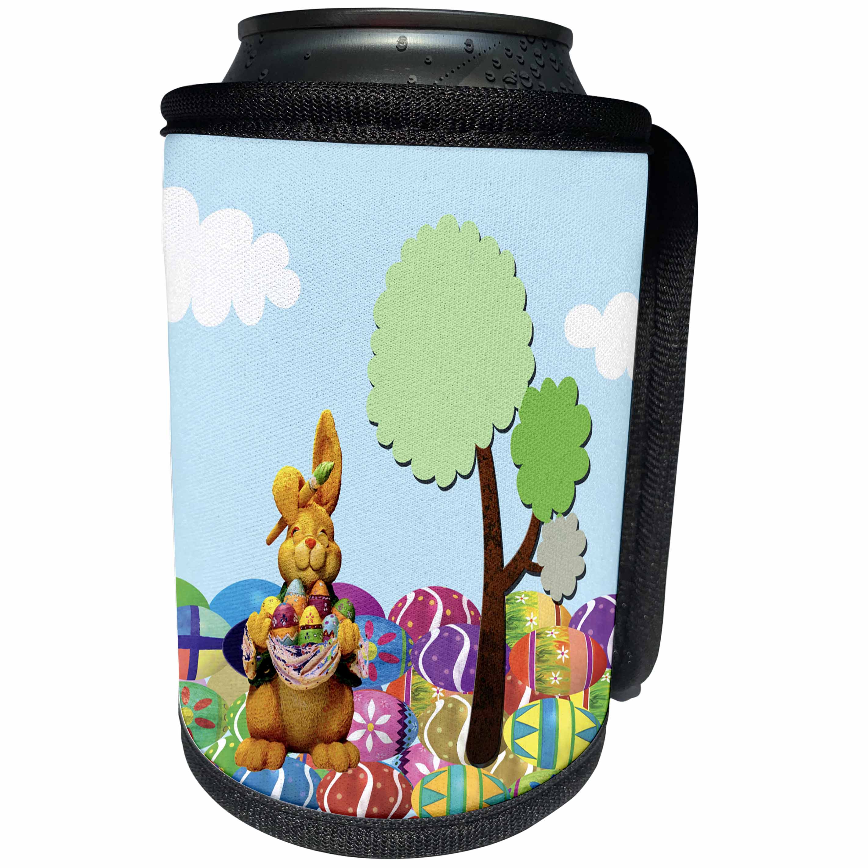 3dRose Beverly Turner Easter Design and Photography - Bunny, Paint Brush, Decorated Eggs, Tree, Ground of Easter Eggs - Can Cooler Bottle Wrap (cc_239557)