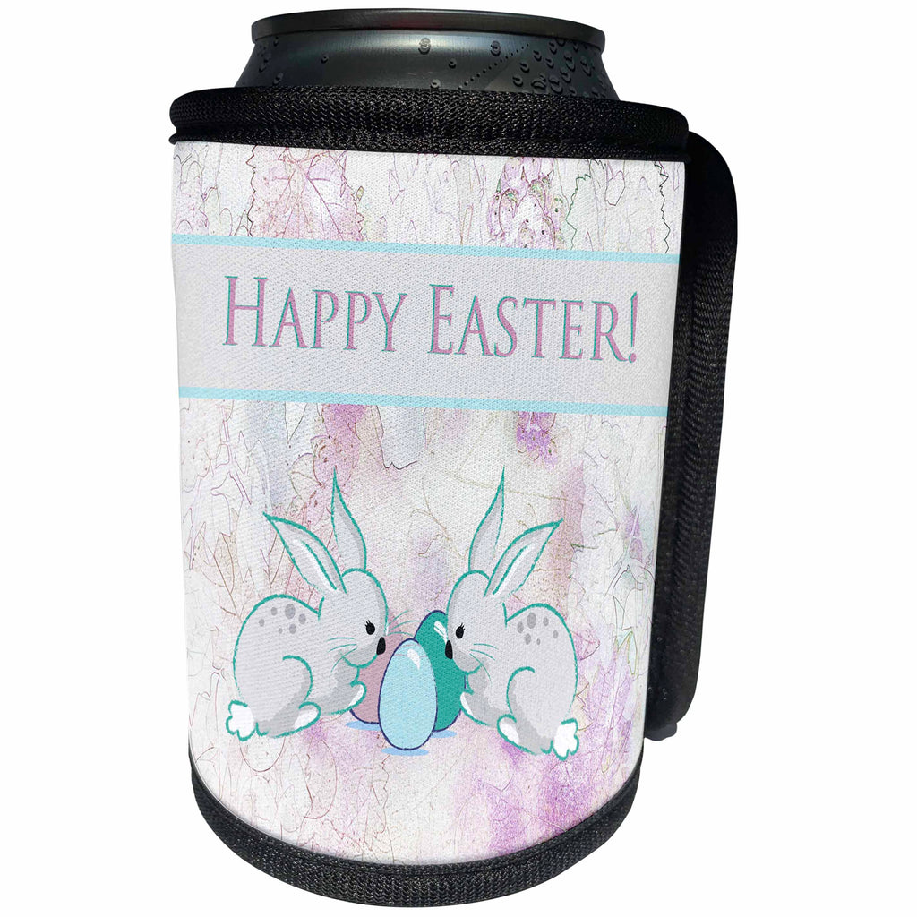 3dRose Beverly Turner Easter Design and Photography - Cute Bunnies with Easter Eggs, Pastel Pink Background, Happy Easter - Can Cooler Bottle Wrap (cc_239558)