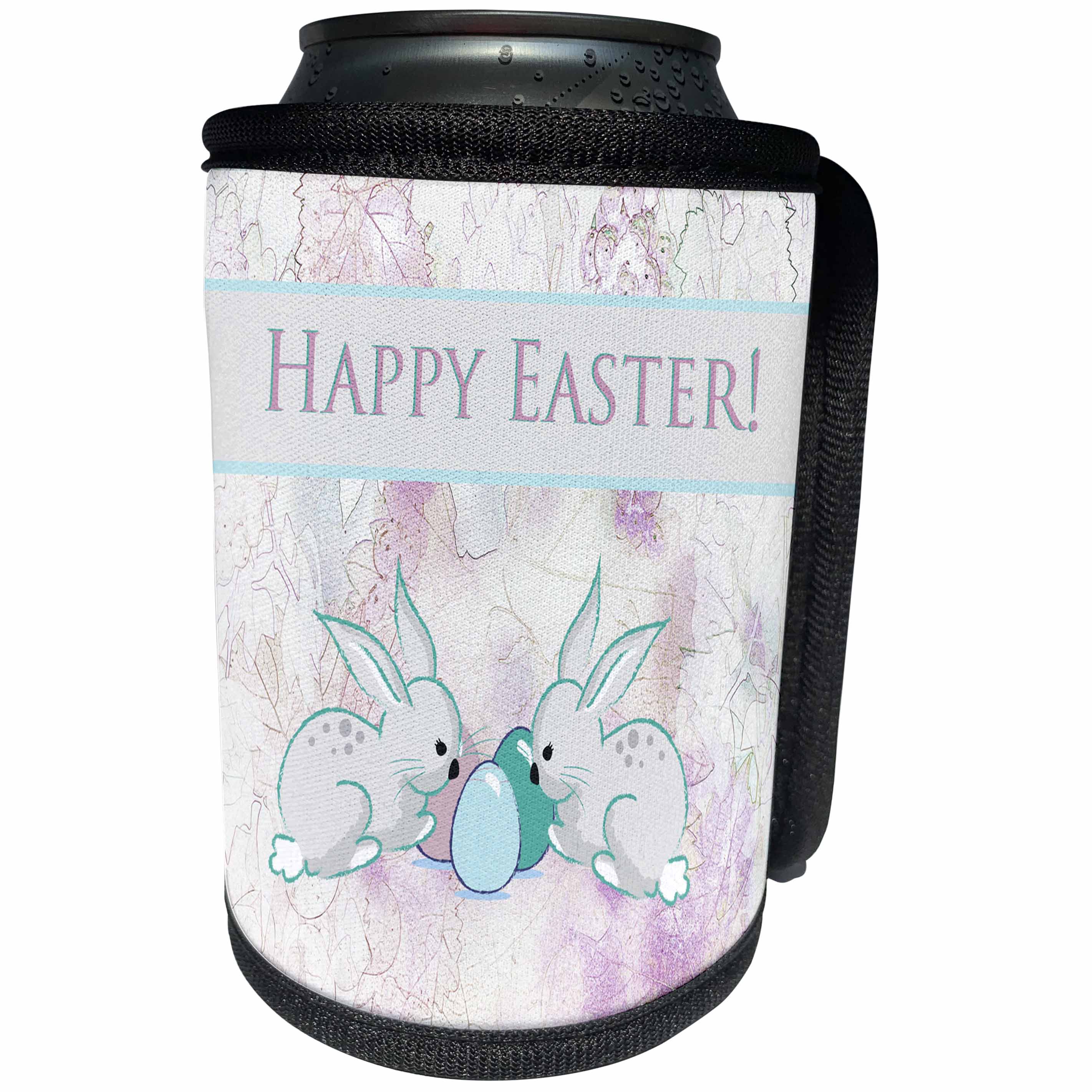 3dRose Beverly Turner Easter Design and Photography - Cute Bunnies with Easter Eggs, Pastel Pink Background, Happy Easter - Can Cooler Bottle Wrap (cc_239558)
