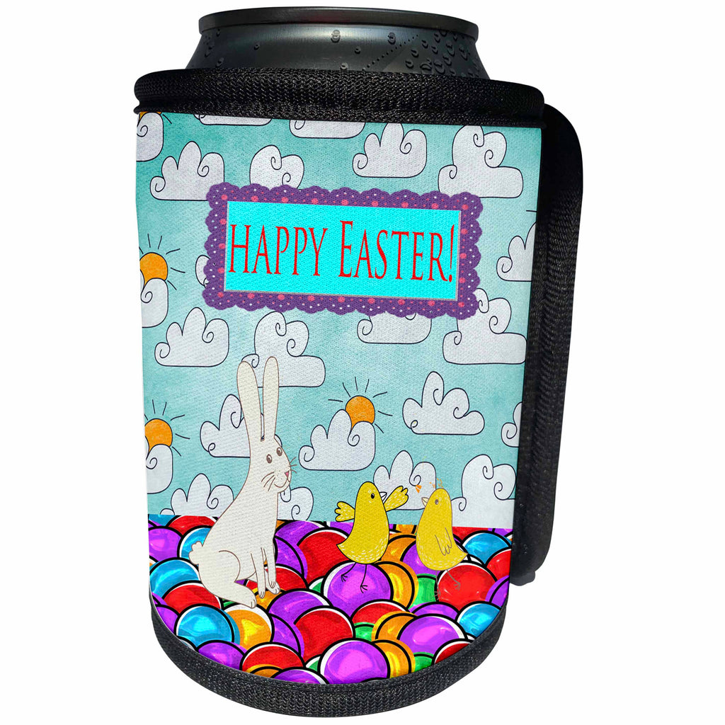 3dRose Beverly Turner Easter Design and Photography - Bunny and Chicks on Bright Colorful Egg Ground, Clouds, Happy Easter - Can Cooler Bottle Wrap (cc_239559)