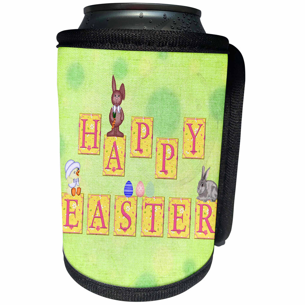 3dRose Beverly Turner Easter Design and Photography - Yellow and Pink Happy Easter, Block Letters, Bunnies, Chick, Hat, Eggs - Can Cooler Bottle Wrap (cc_239561)