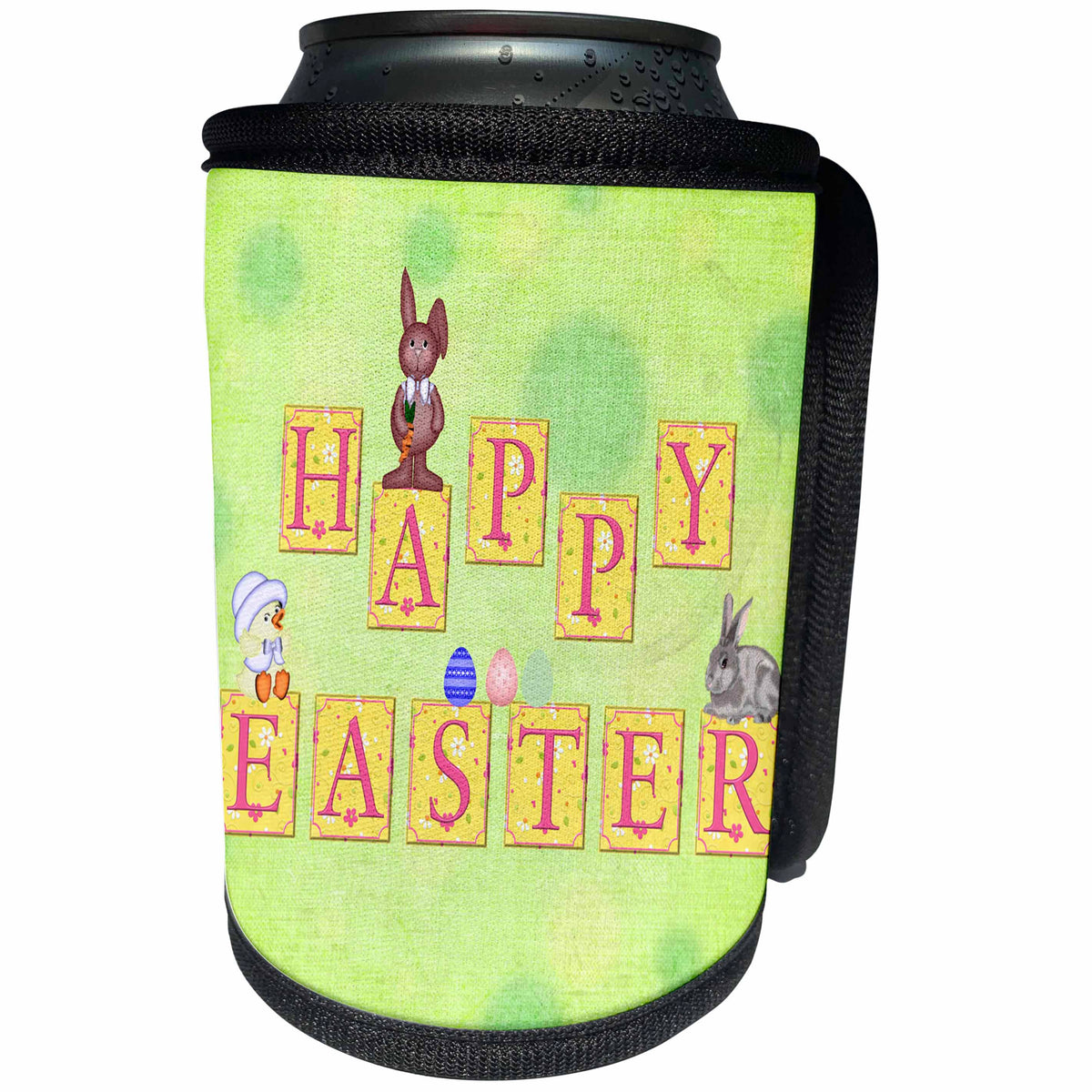 3dRose Beverly Turner Easter Design and Photography - Yellow and Pink Happy Easter, Block Letters, Bunnies, Chick, Hat, Eggs - Can Cooler Bottle Wrap (cc_239561)