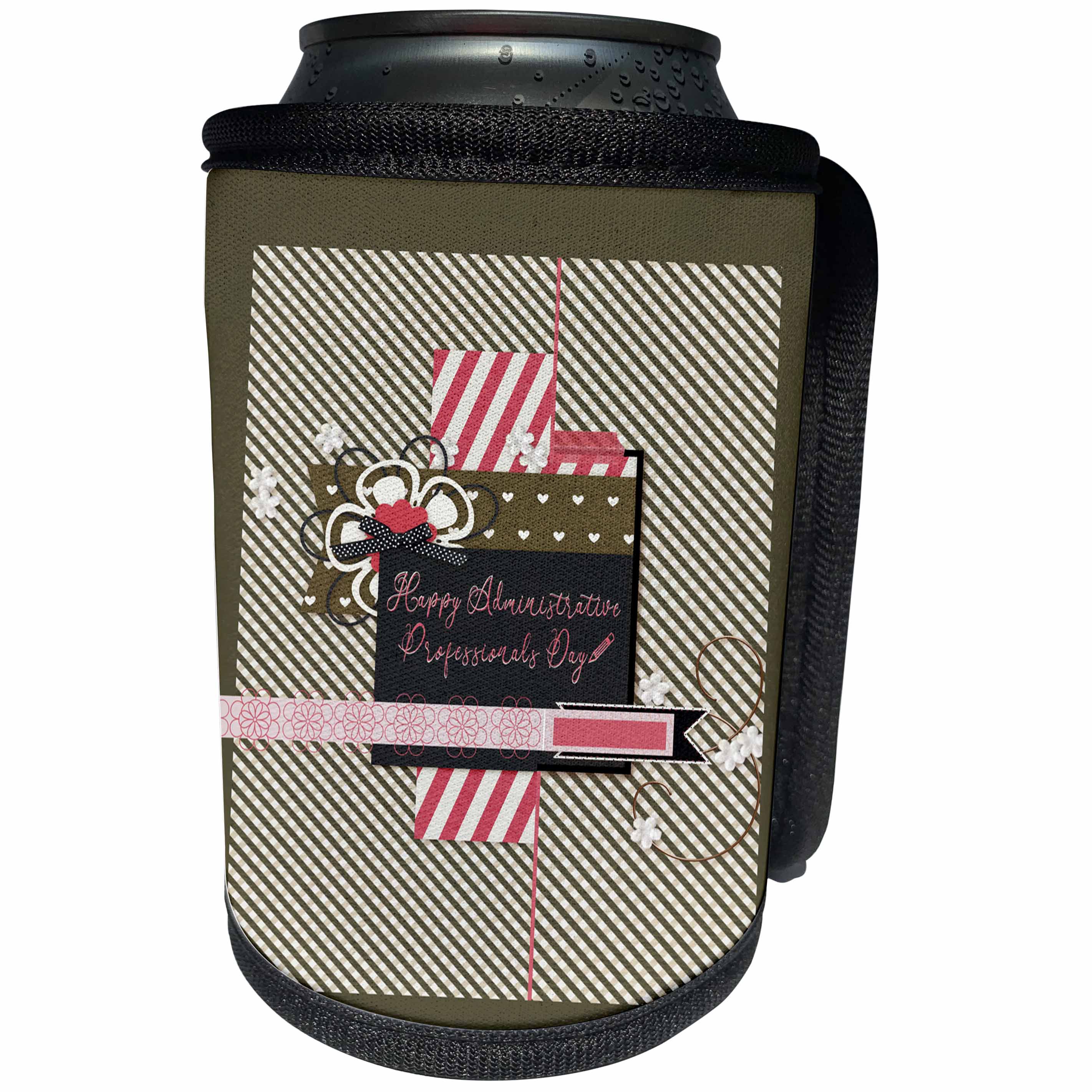 3dRose Beverly Turner Administrative Professionals Day - Pink and Brown Collage of Flowers, Stripes, Hearts, Bow, Curled Wire - Can Cooler Bottle Wrap (cc_239562)