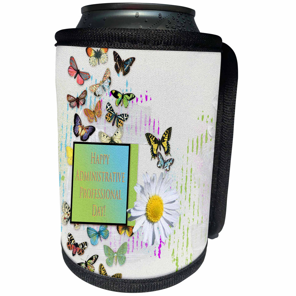 3dRose Beverly Turner Administrative Professionals Day - Pretty Butterflies and Daisy Flower, Administrative Professionals Day - Can Cooler Bottle Wrap (cc_239563)