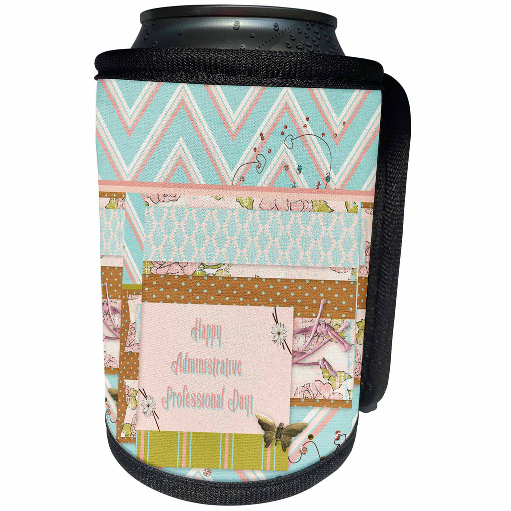 3dRose Beverly Turner Administrative Professionals Day - Collage of Flowers, Heart, Papers, Wire Designs, Pastel, Peach, Blue - Can Cooler Bottle Wrap (cc_239564)