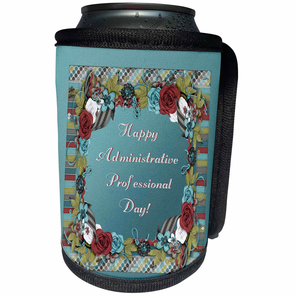3dRose Beverly Turner Administrative Professionals Day - Frame of Flowers, Strips, Circles, Administrative Professionals Day - Can Cooler Bottle Wrap (cc_239565)