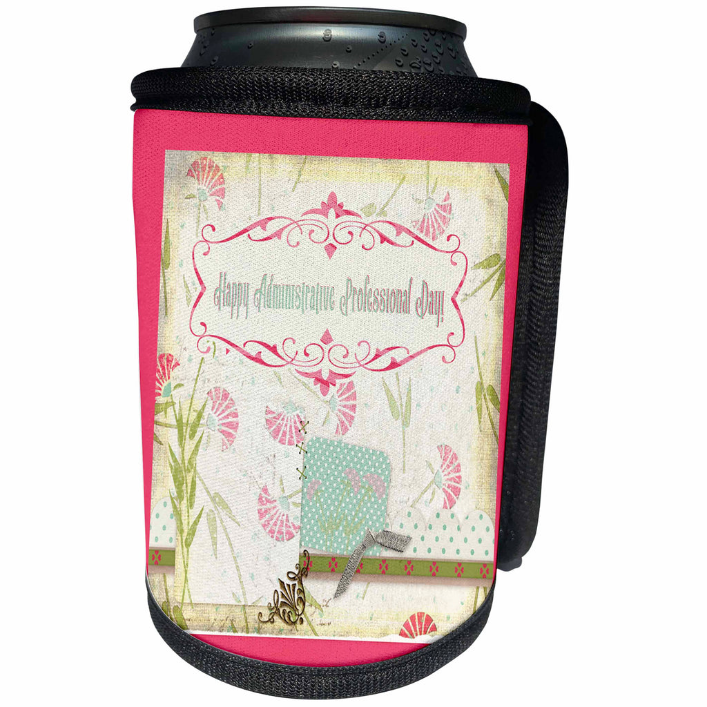 3dRose Beverly Turner Administrative Professionals Day - Pretty Pink Fan Shaped Flower, Bow, Administrative Professionals Day - Can Cooler Bottle Wrap (cc_239566)