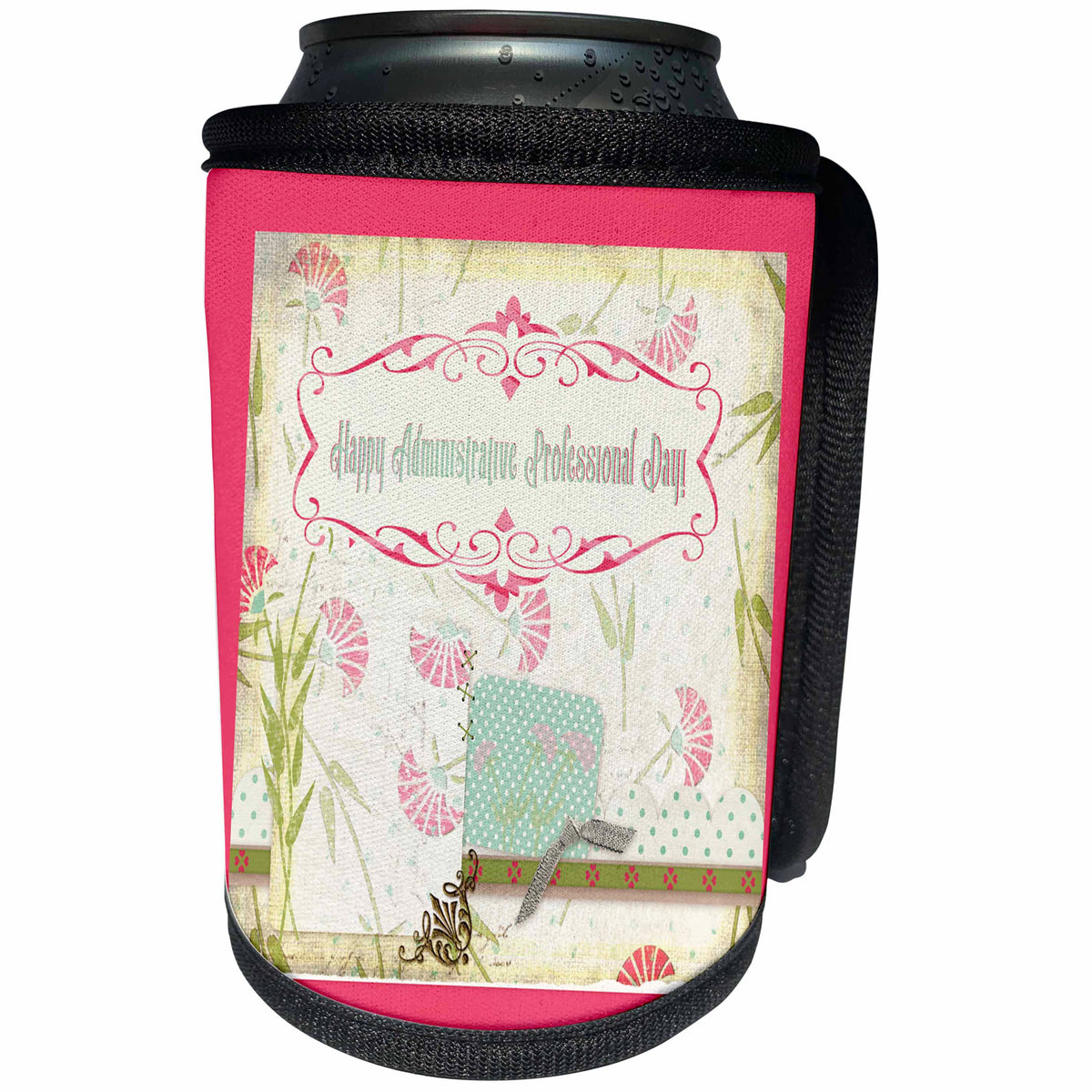 3dRose Beverly Turner Administrative Professionals Day - Pretty Pink Fan Shaped Flower, Bow, Administrative Professionals Day - Can Cooler Bottle Wrap (cc_239566)