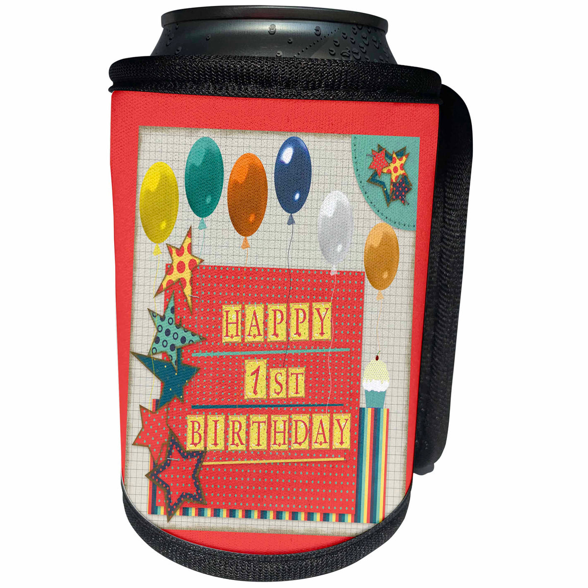 3dRose Beverly Turner Birthday Design - 1st Birthday, Balloons, Cupcake, Stars, Block Letter, Orange, Green - Can Cooler Bottle Wrap (cc_239567)