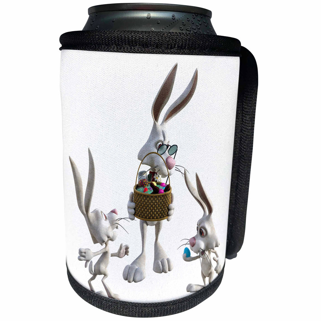 3dRose Boehm Graphics Holiday Easter - Easter Cartoon Rabbit with Easter Basket and Excited Children - Can Cooler Bottle Wrap (cc_239785)