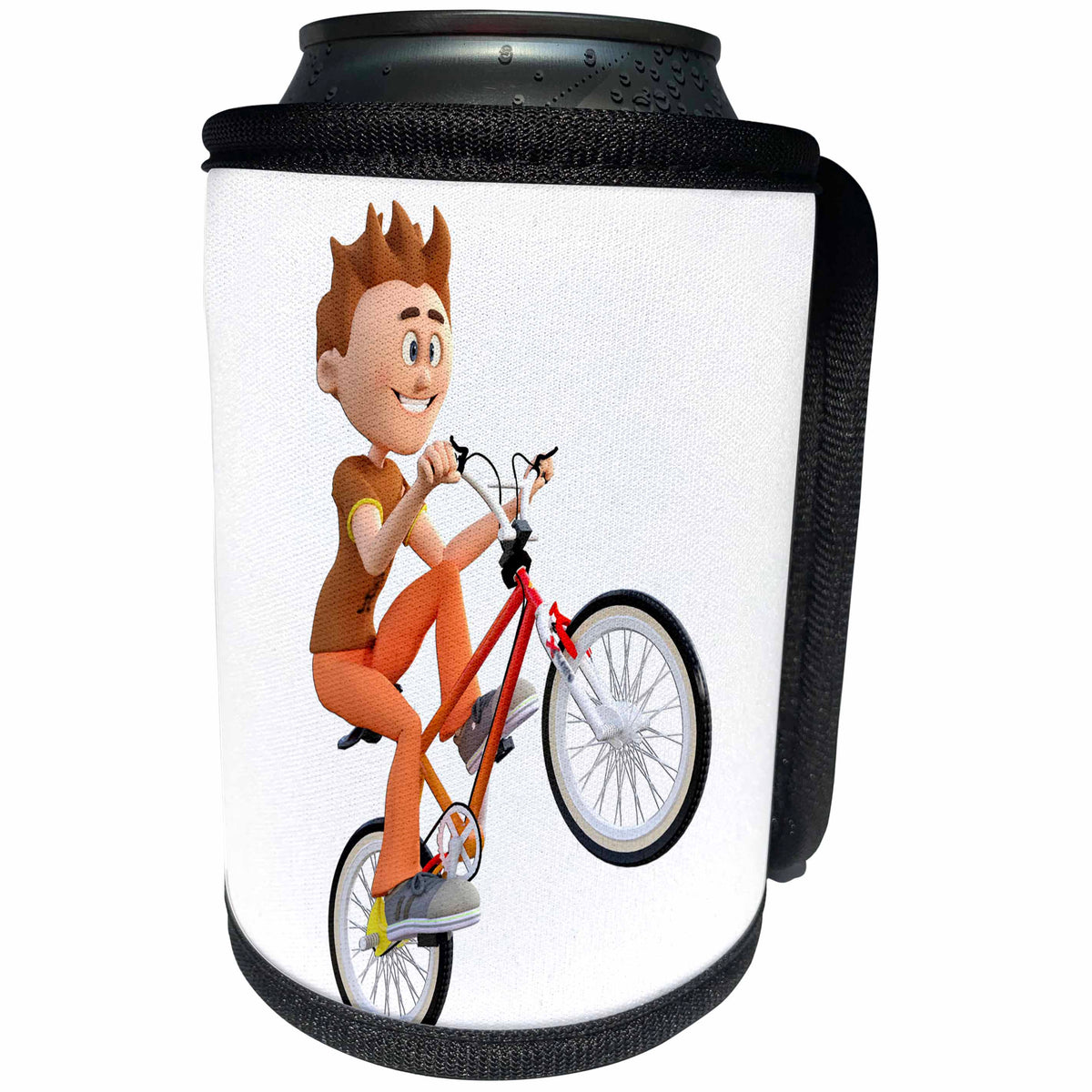 3dRose Boehm Graphics Cartoon - Cartoon Boy Riding Bike Doing Wheelie - Can Cooler Bottle Wrap (cc_239806)