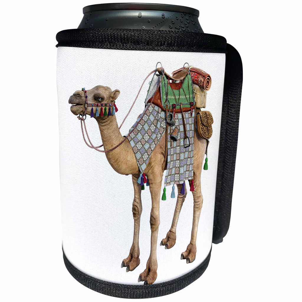 3dRose Boehm Graphics Animal - Dromedary Camel in Near Side Profile Outfitted for Travel - Can Cooler Bottle Wrap (cc_239822)