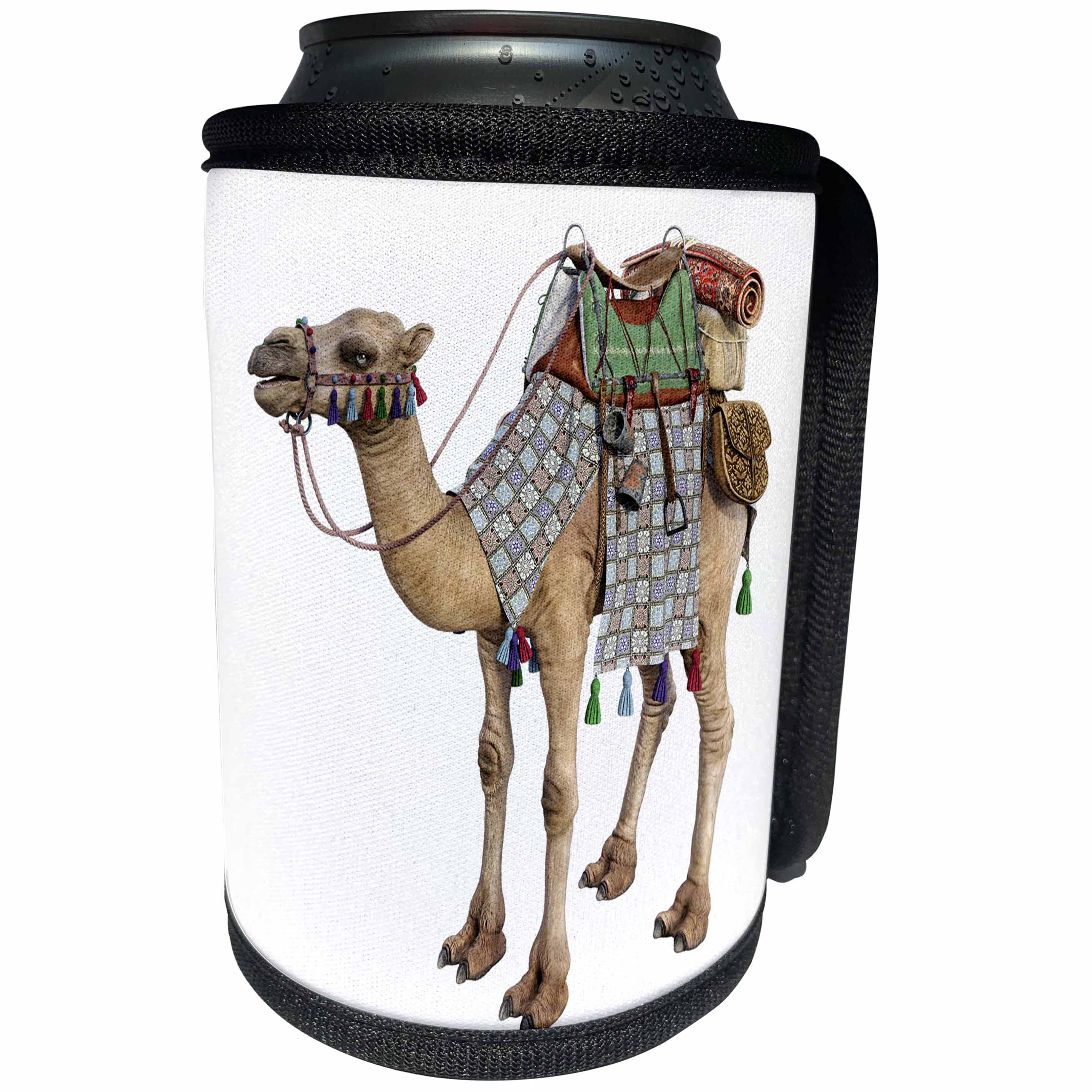 3dRose Boehm Graphics Animal - Dromedary Camel in Near Side Profile Outfitted for Travel - Can Cooler Bottle Wrap (cc_239822)