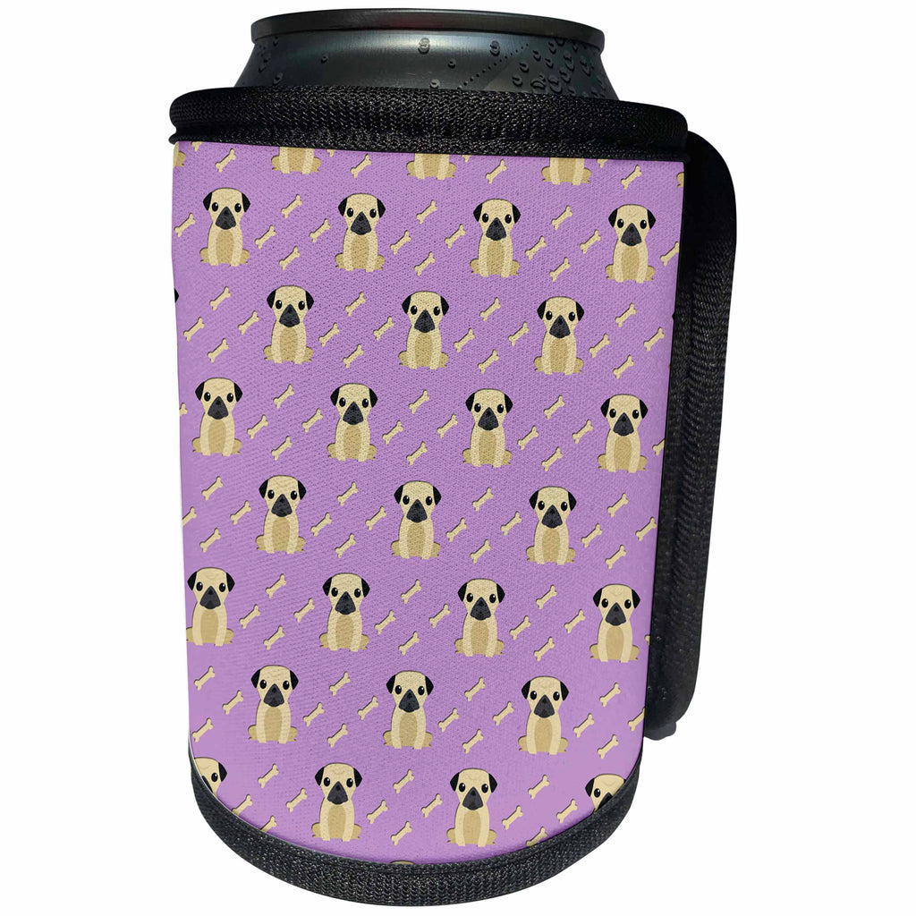 3dRose Anne Marie Baugh - Dogs - Cute Pug Dogs and Bones Pattern On A Purple Background - Can Cooler Bottle Wrap (cc_239873)