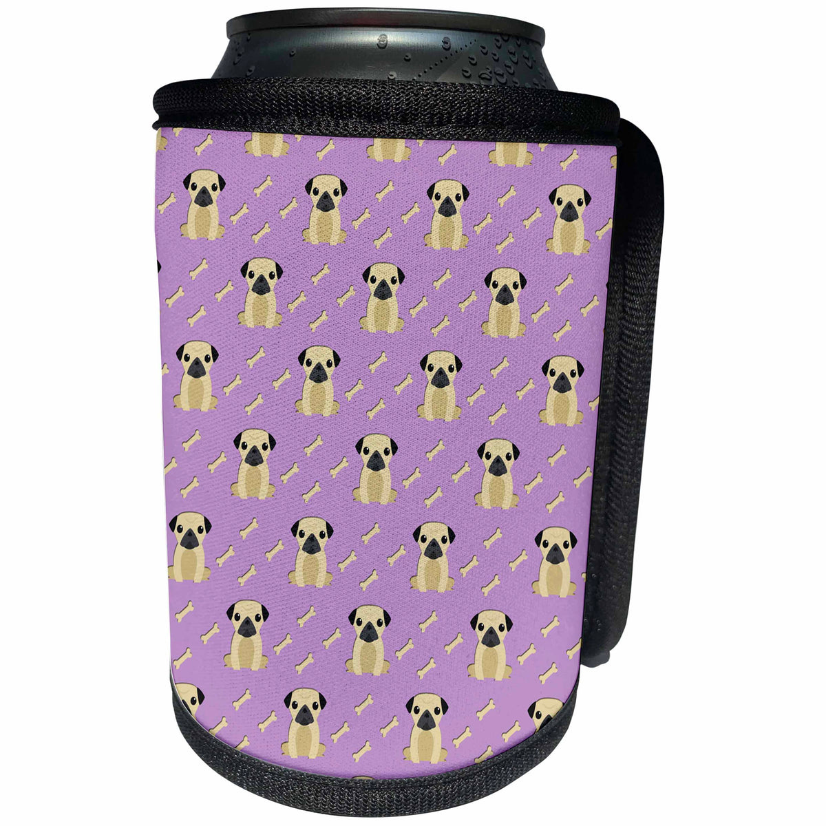 3dRose Anne Marie Baugh - Dogs - Cute Pug Dogs and Bones Pattern On A Purple Background - Can Cooler Bottle Wrap (cc_239873)