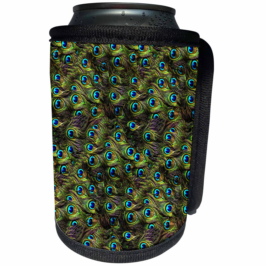 3dRose Anne Marie Baugh - Feathers - Pretty Peacock Feathers Layered Pattern - Can Cooler Bottle Wrap (cc_239875)