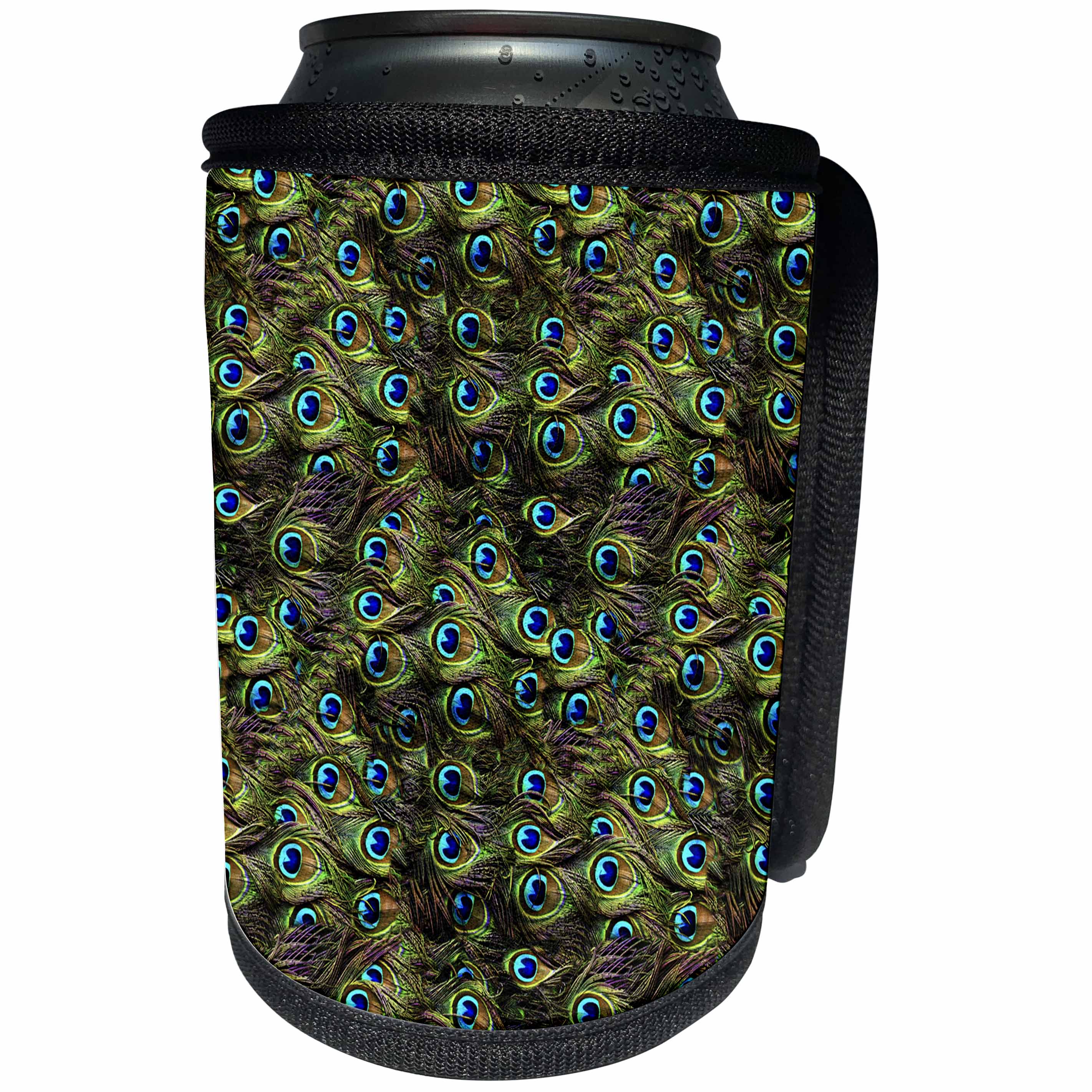 3dRose Anne Marie Baugh - Feathers - Pretty Peacock Feathers Layered Pattern - Can Cooler Bottle Wrap (cc_239875)