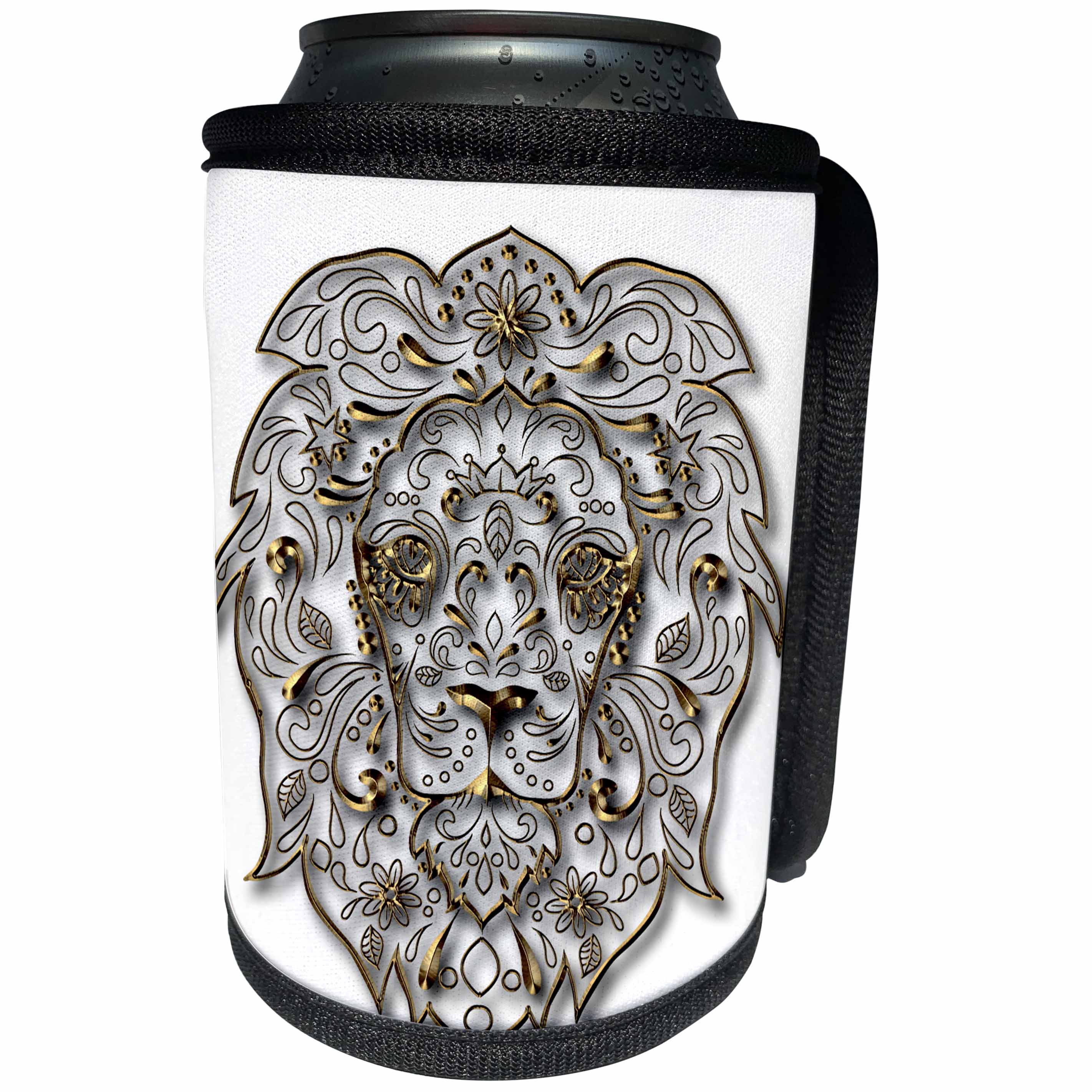 3dRose Anne Marie Baugh - Wild Animals - Glam Faux Gold Lion Face - Can Cooler Bottle Wrap (cc_239876)