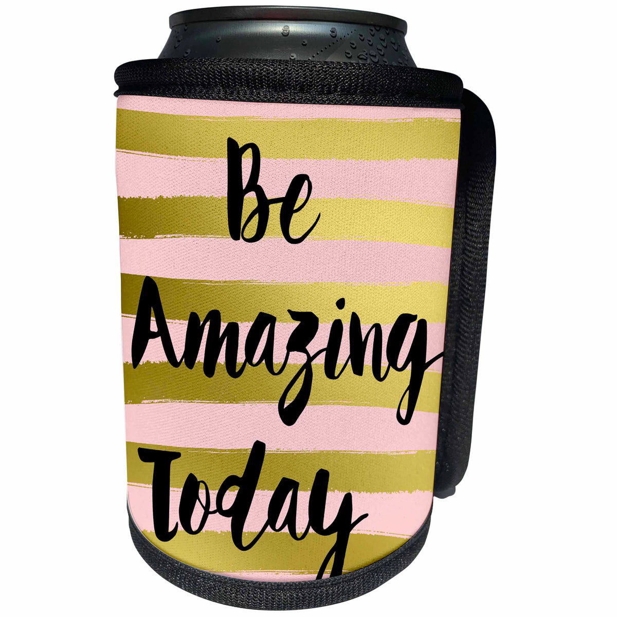 3dRose Anne Marie Baugh - Inspirational - Be Amazing Today On Pink and Gold Watercolor Stripes - Can Cooler Bottle Wrap (cc_239878)