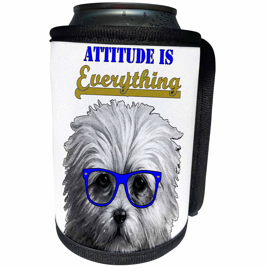 3dRose Anne Marie Baugh - Inspirational - Attitude Is Everything With A Cute Dog With Blue Glasses - Can Cooler Bottle Wrap (cc_239880)