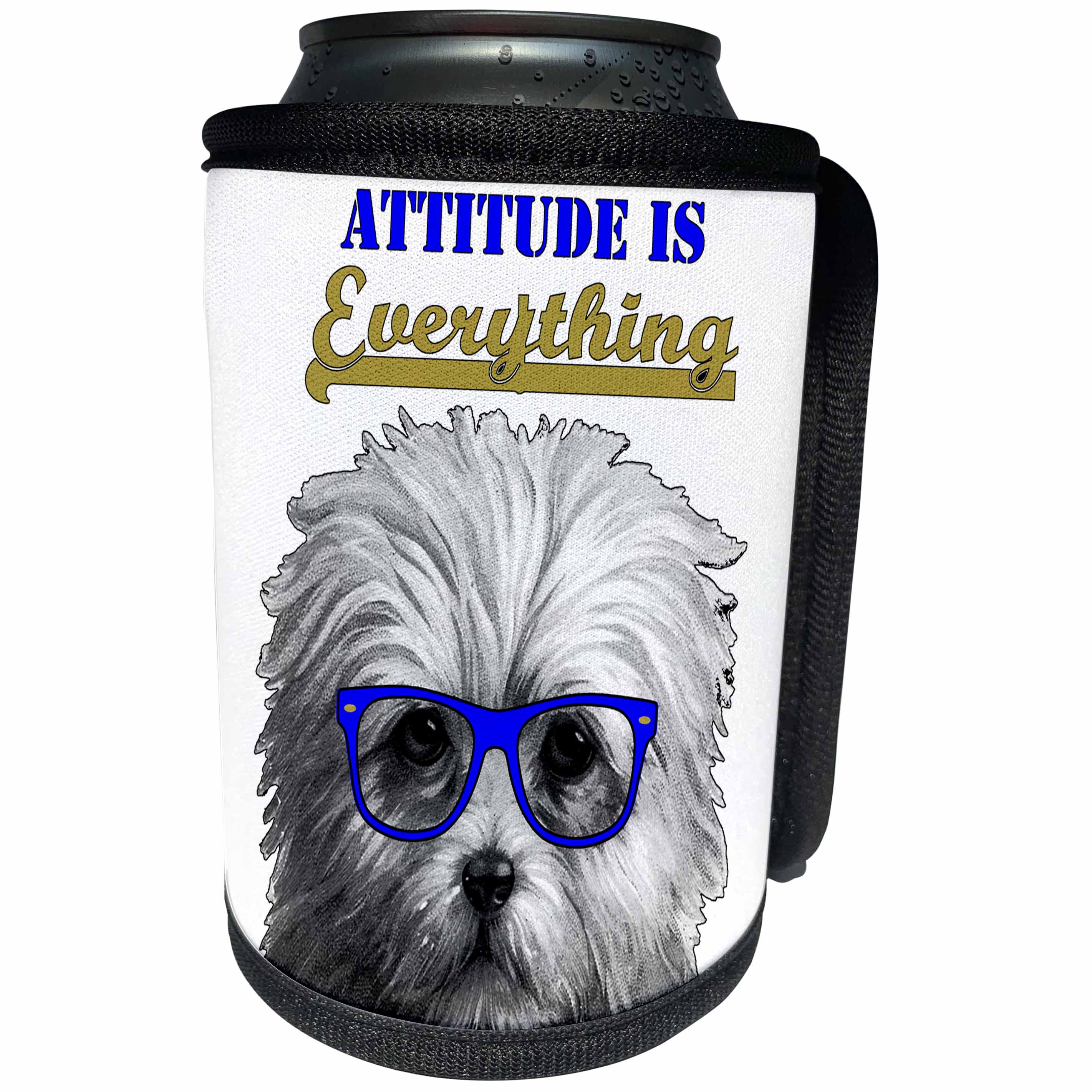 3dRose Anne Marie Baugh - Inspirational - Attitude Is Everything With A Cute Dog With Blue Glasses - Can Cooler Bottle Wrap (cc_239880)