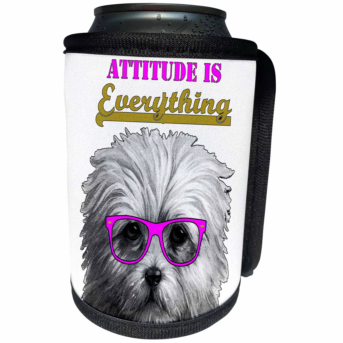 3dRose Anne Marie Baugh - Inspirational - Attitude Is Everything With A Cute Dog With Pink Glasses - Can Cooler Bottle Wrap (cc_239881)