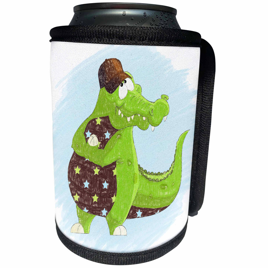 3dRose Doreen Erhardt Kids Collection - Green and Brown Alligator with Blue and Stars in Crayon for Kids - Can Cooler Bottle Wrap (cc_240161)