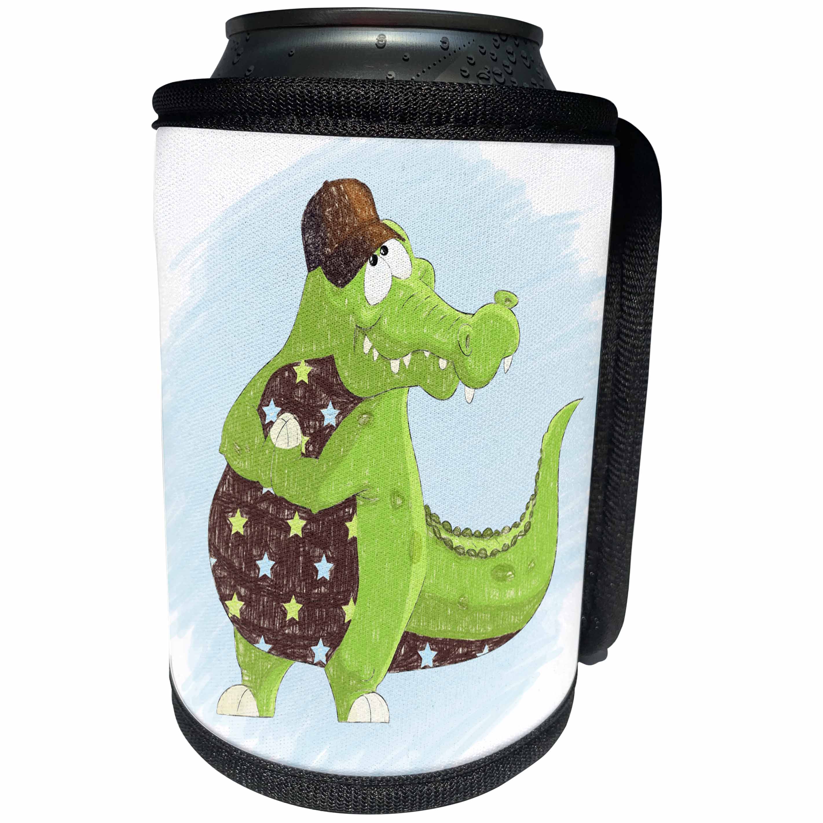 3dRose Doreen Erhardt Kids Collection - Green and Brown Alligator with Blue and Stars in Crayon for Kids - Can Cooler Bottle Wrap (cc_240161)