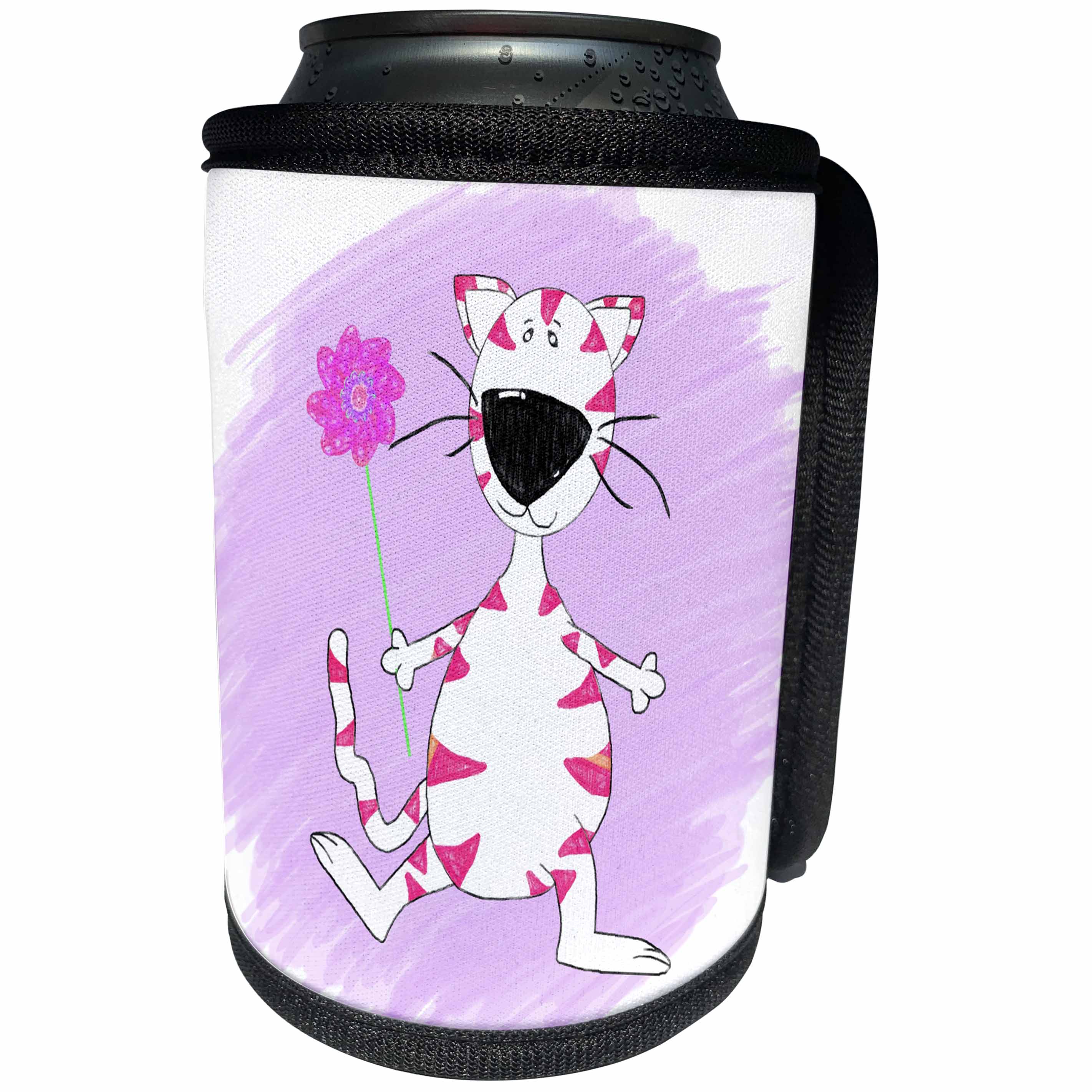 3dRose Doreen Erhardt Kids Collection - Cute Pink Striped Cat with Purple Pinwheel in Crayon for Girls - Can Cooler Bottle Wrap (cc_240164)