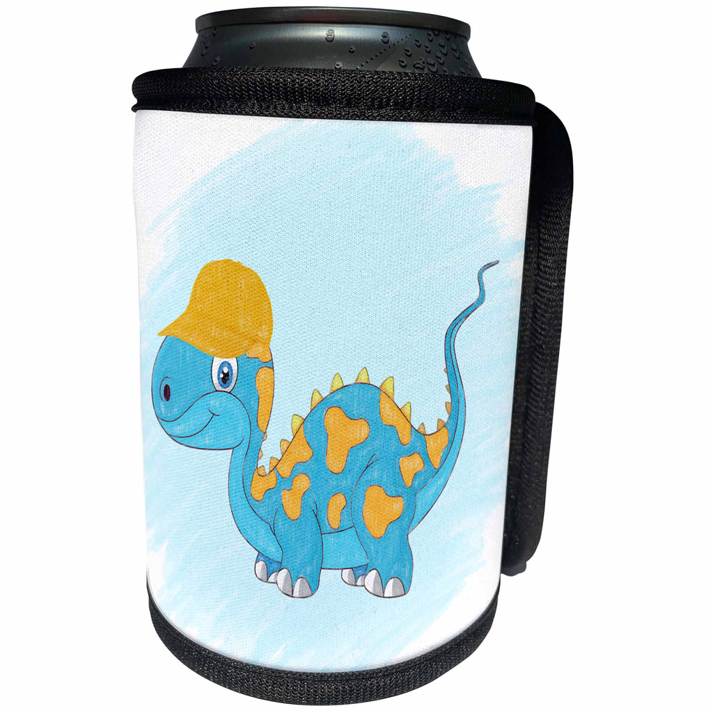 3dRose Doreen Erhardt Kids Collection - Blue Dinosaur with Yellow Spots and Hat in Crayon for Little Boys - Can Cooler Bottle Wrap (cc_240166)