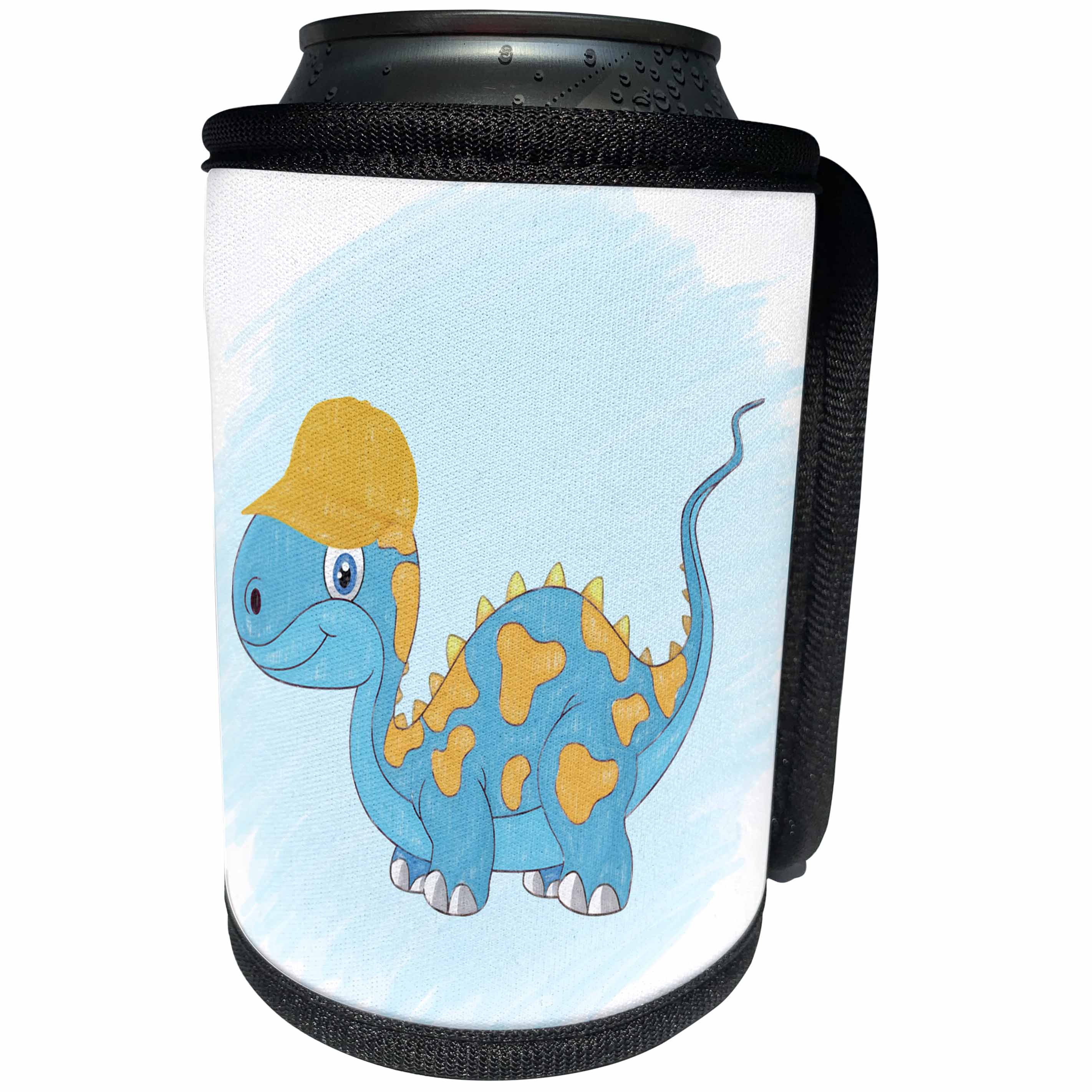 3dRose Doreen Erhardt Kids Collection - Blue Dinosaur with Yellow Spots and Hat in Crayon for Little Boys - Can Cooler Bottle Wrap (cc_240166)