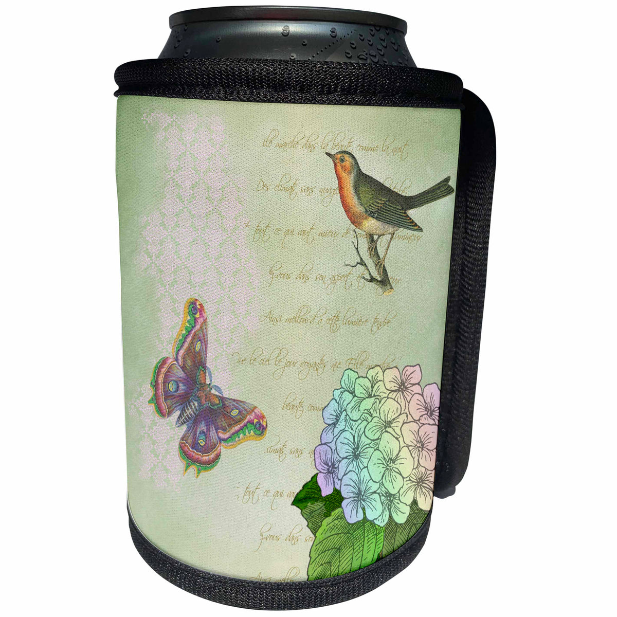3dRose Sven Herkenrath Vintage - Old Antique Sheet with Bird and Butterfly - Can Cooler Bottle Wrap (cc_240212)